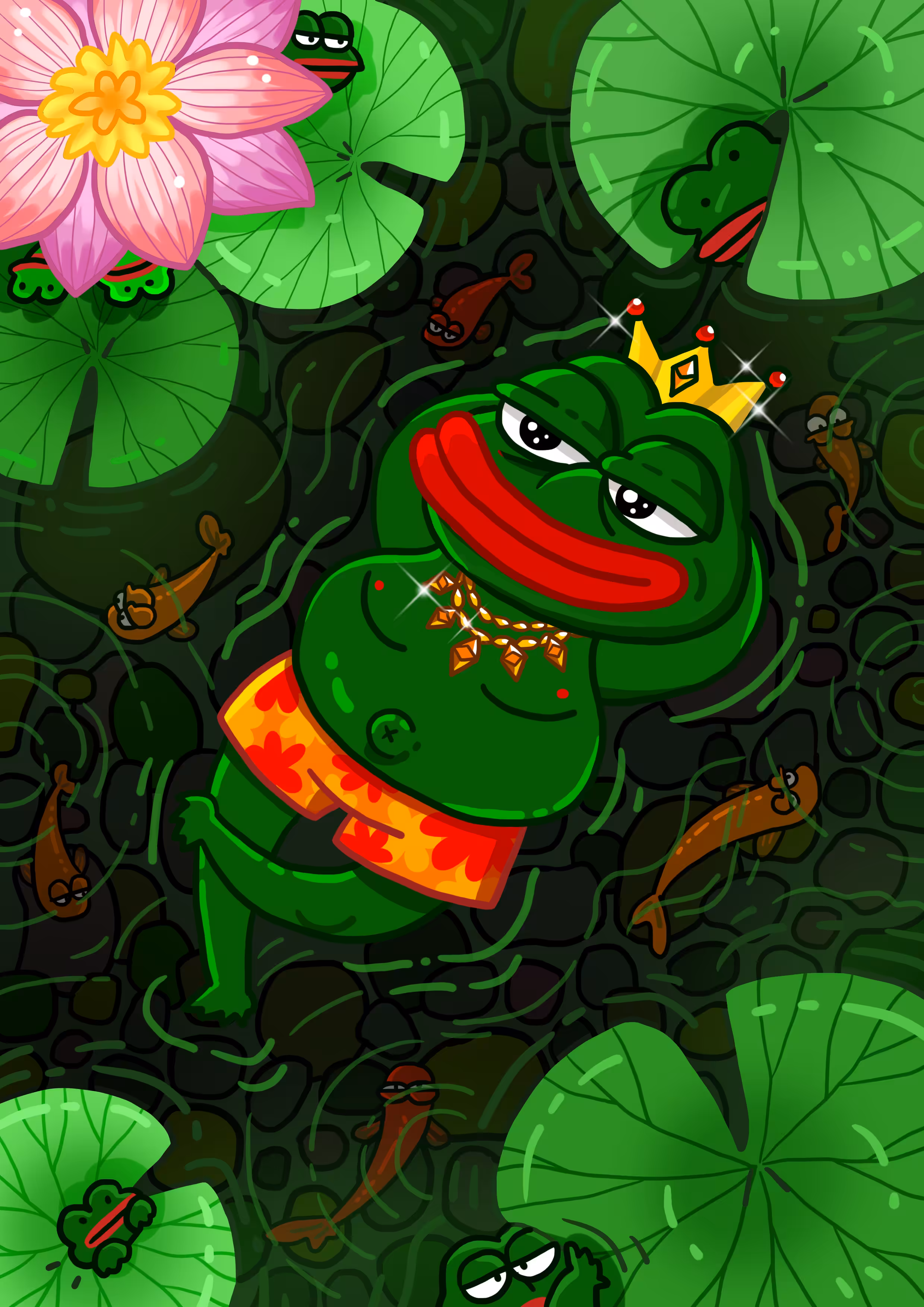 Pepe in lotus pond.