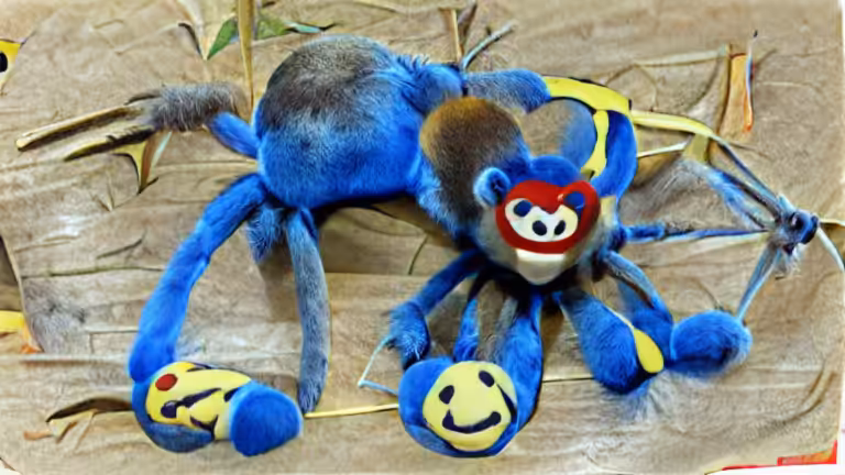 A blue stuffed spider that has a red smile and looks like a monkey but has 2 points on his head. His paws are yellow and he has two pairs of teeth. (pixray_genesis)