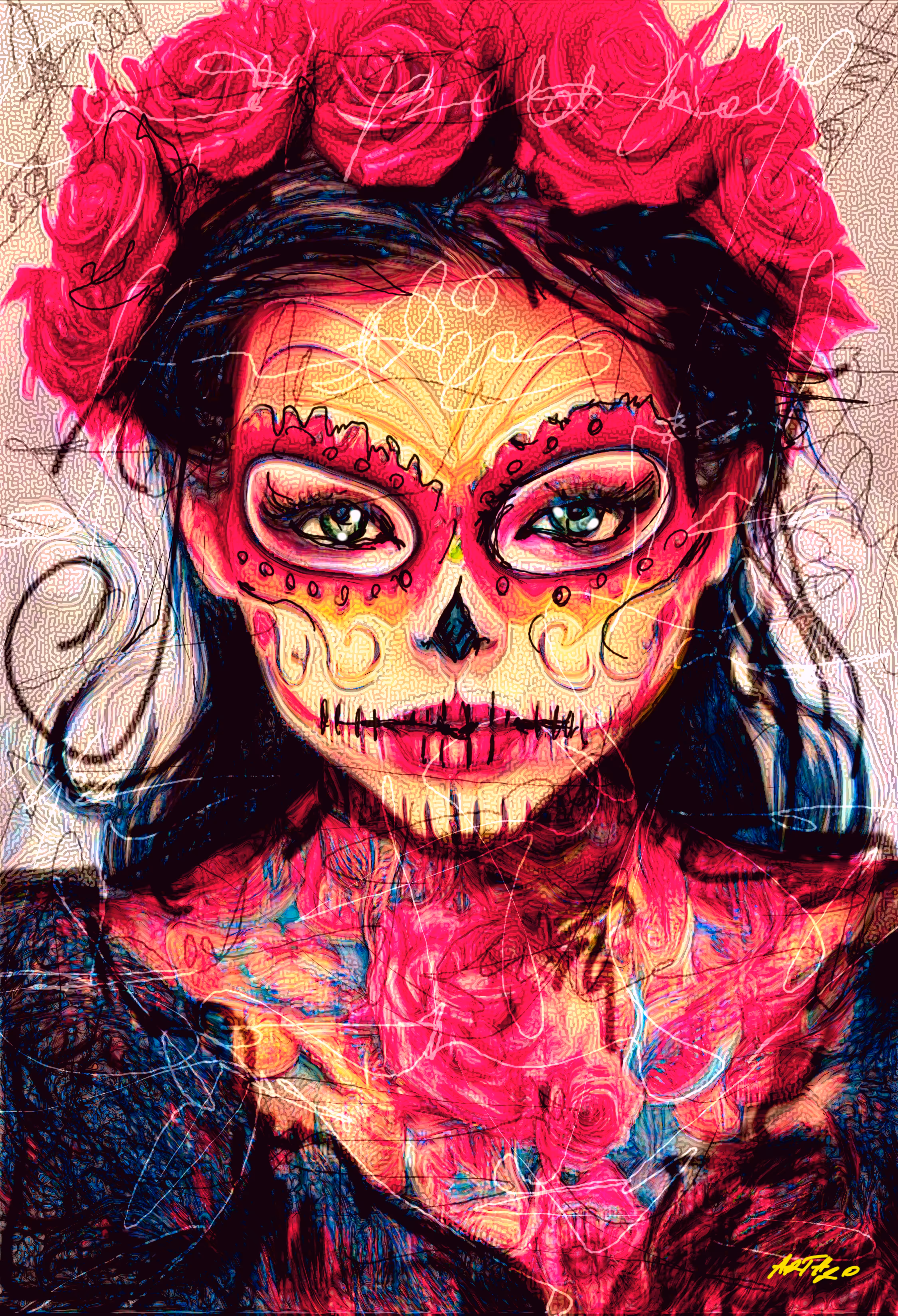 Day of the dead woman, Día de los muertos woman, #pink 300 DPI 38x55 cm Digital Art, Printable From ArtH2O