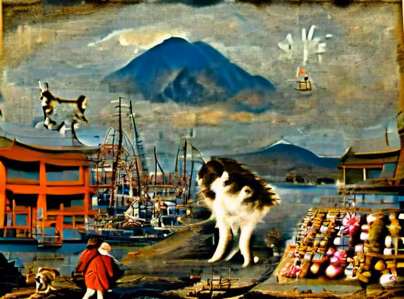 Abraham's First Works: An 18th century harbor where a man stands looking at a dog as trinkets and baubles are strewn about with Mt. Fuji in the background a cat runs behind the man.