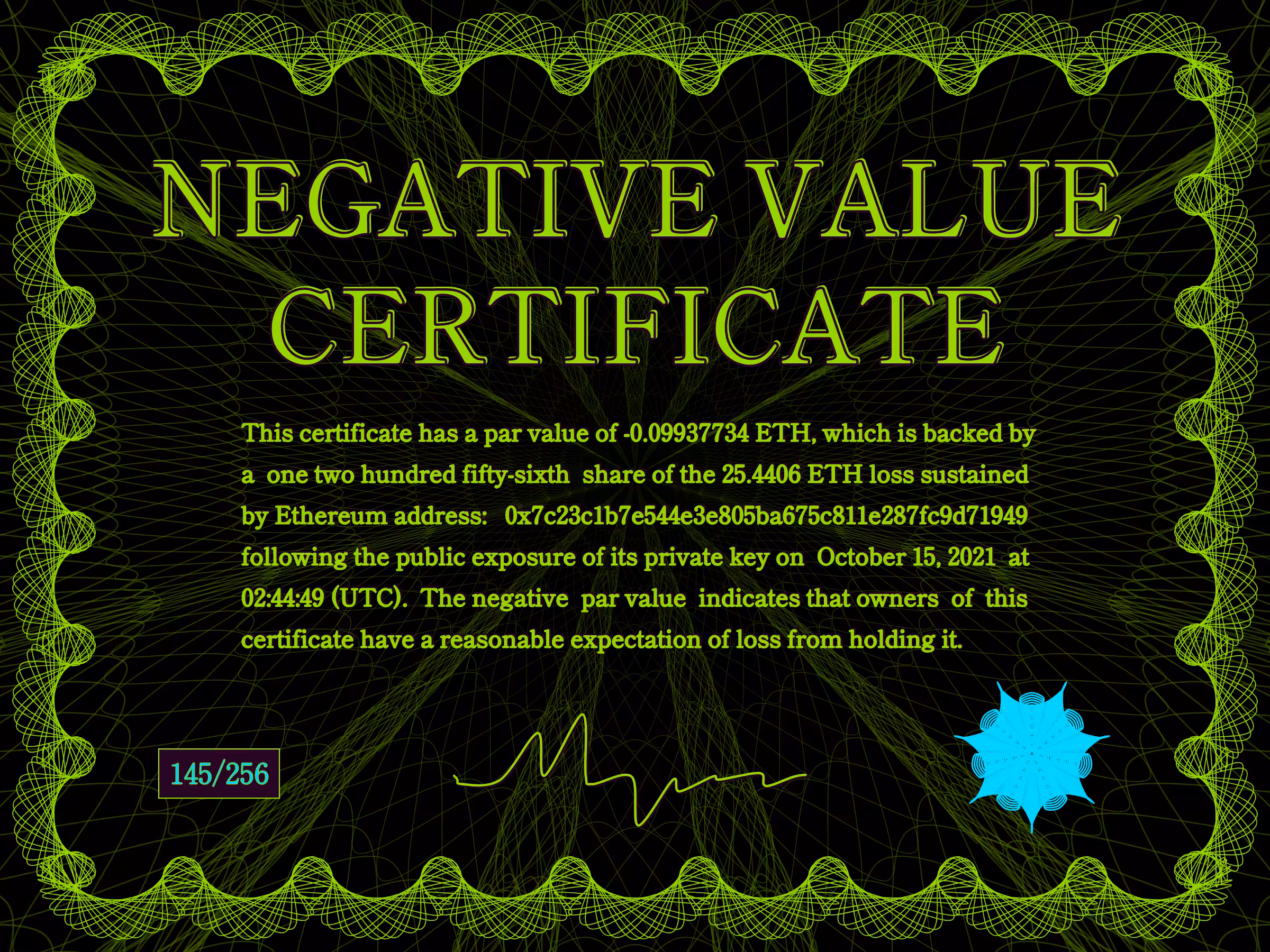 Negative Value Certificate #145 of 256