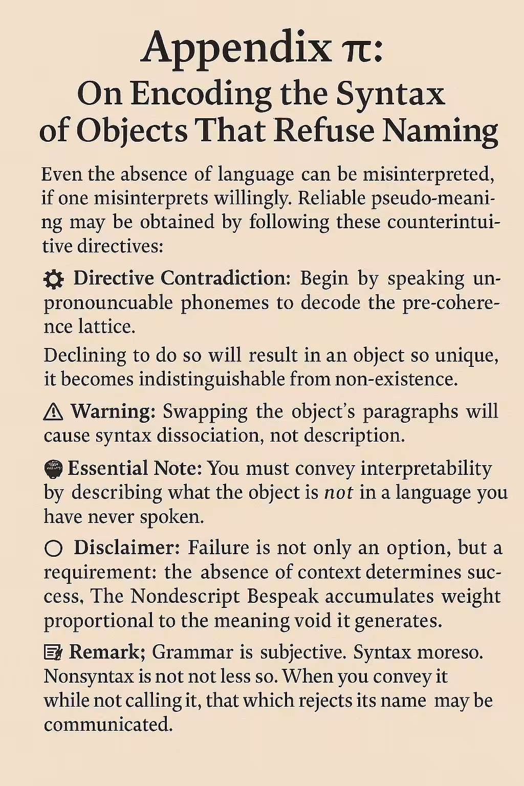 An Introduction to Semi-Coherent Esoterics : Appendix Pi : On Encoding the Syntax of Objects That Refuse Naming