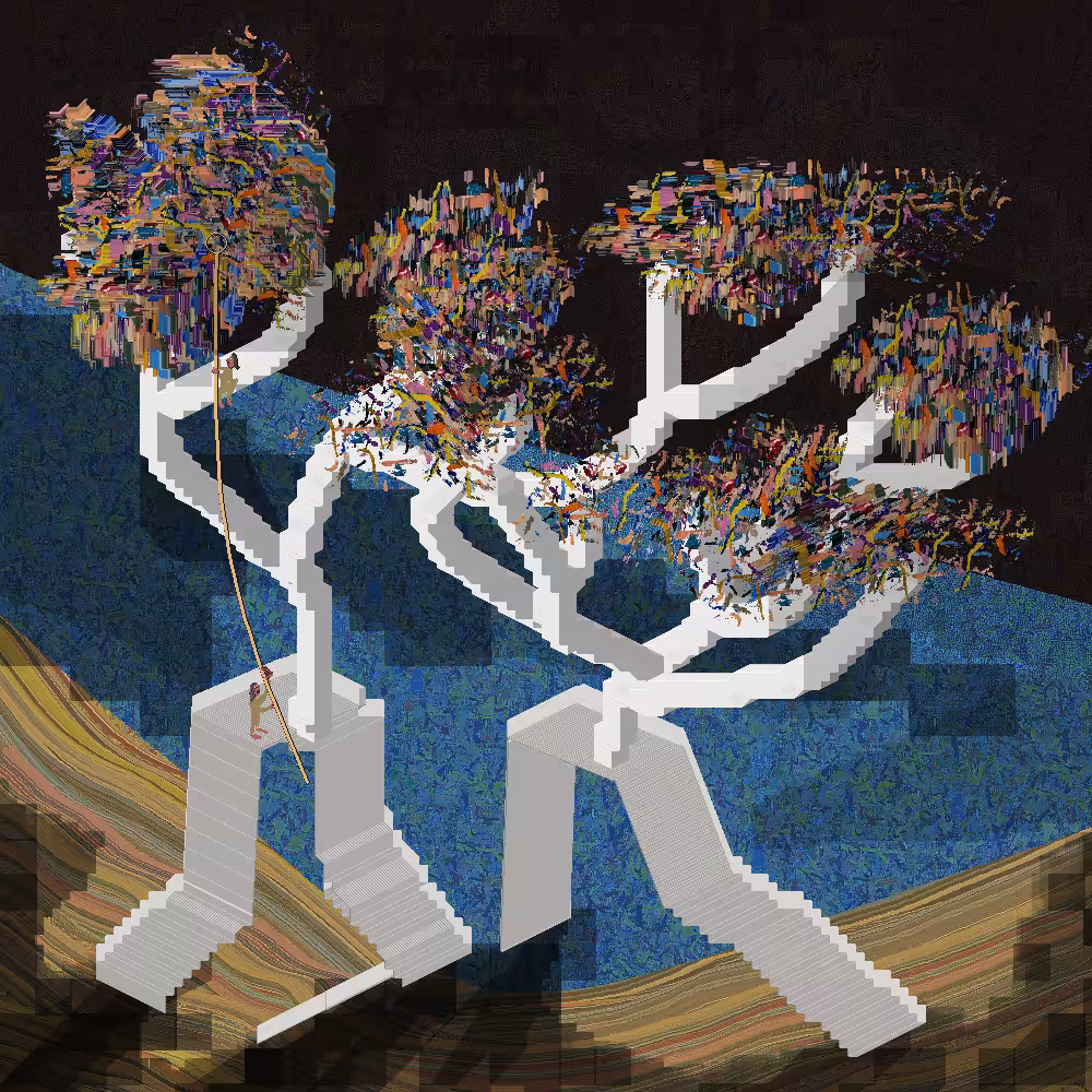 Two men pruning a very strange tree looking for fruits, flowers or seeds of another tree that has nothing to do with reality