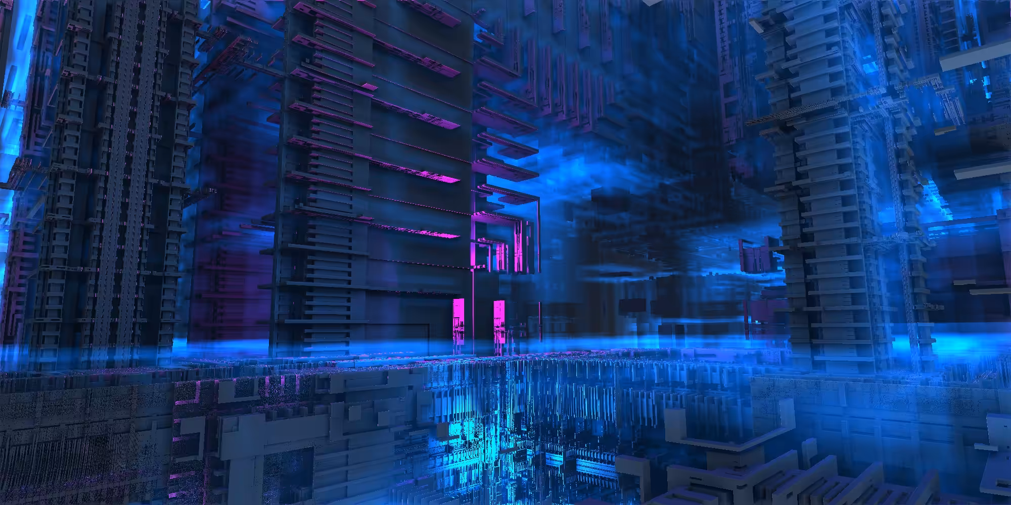 Alien factory in neon light. 3D fractal