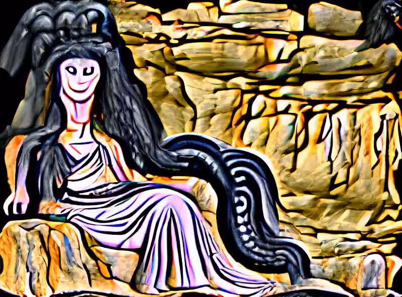 Abraham's First Works: mare-headed, black-robed, snake-haired Demeter Melaina seated on a rock in her Phigalian cave
