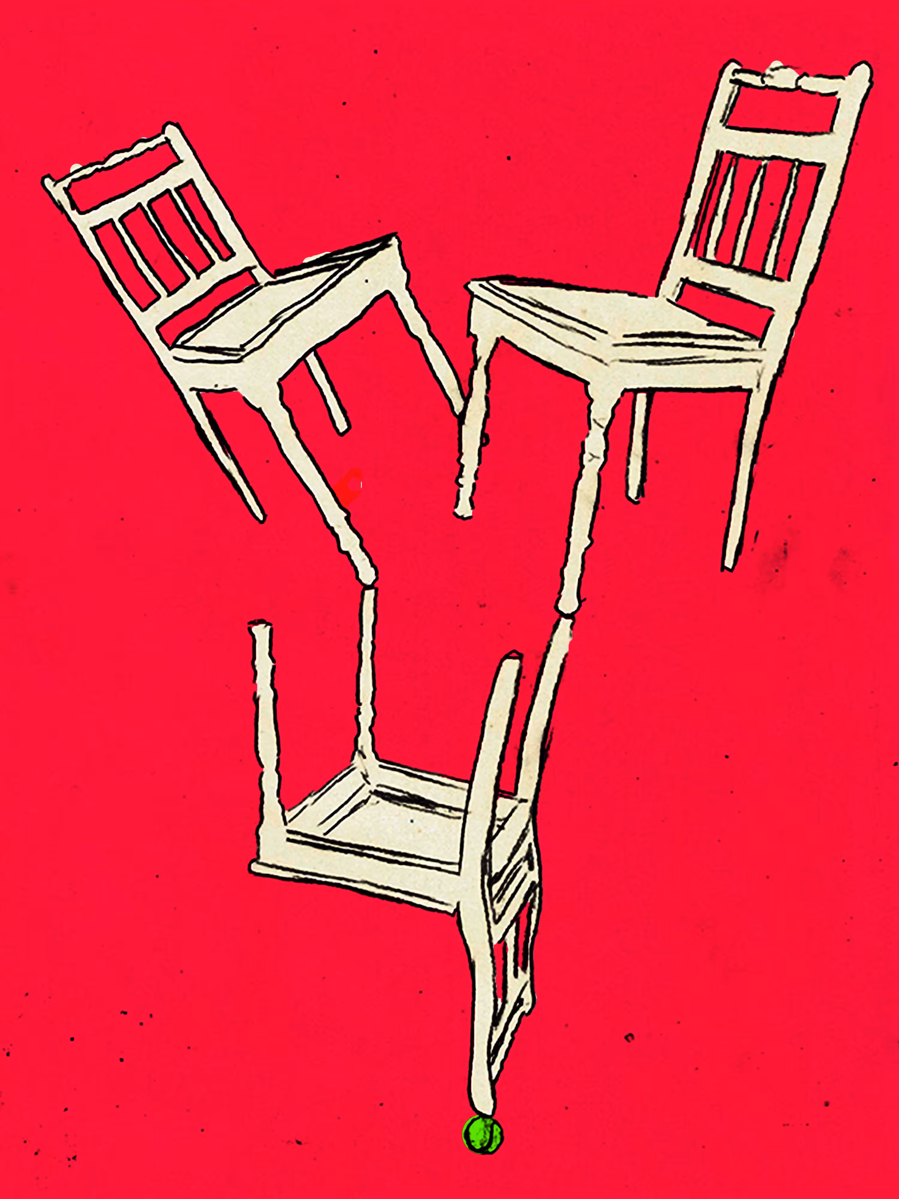 three chairs on top of a tennis ball