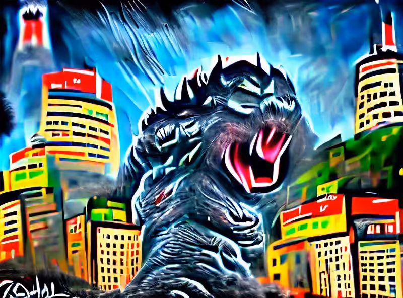godzilla roaring in a city