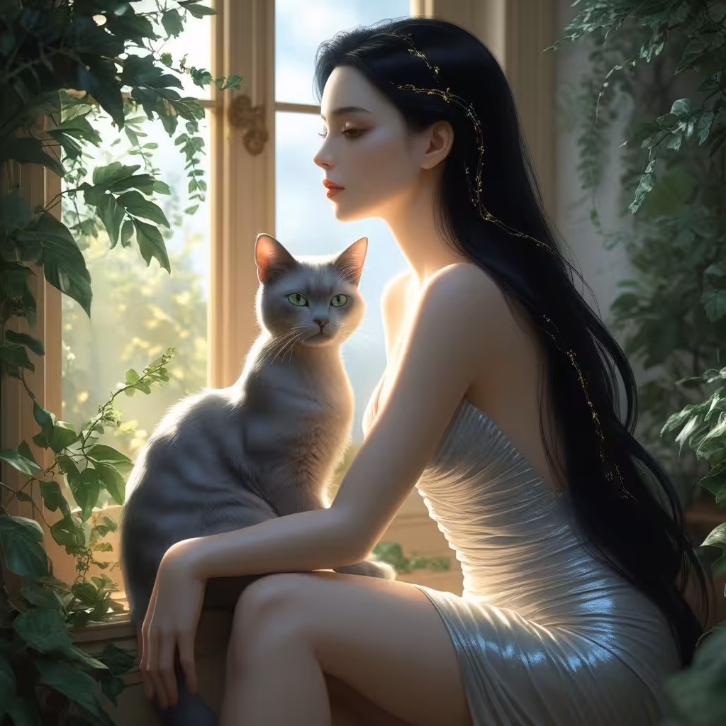 Girl and cat in the greenhouse