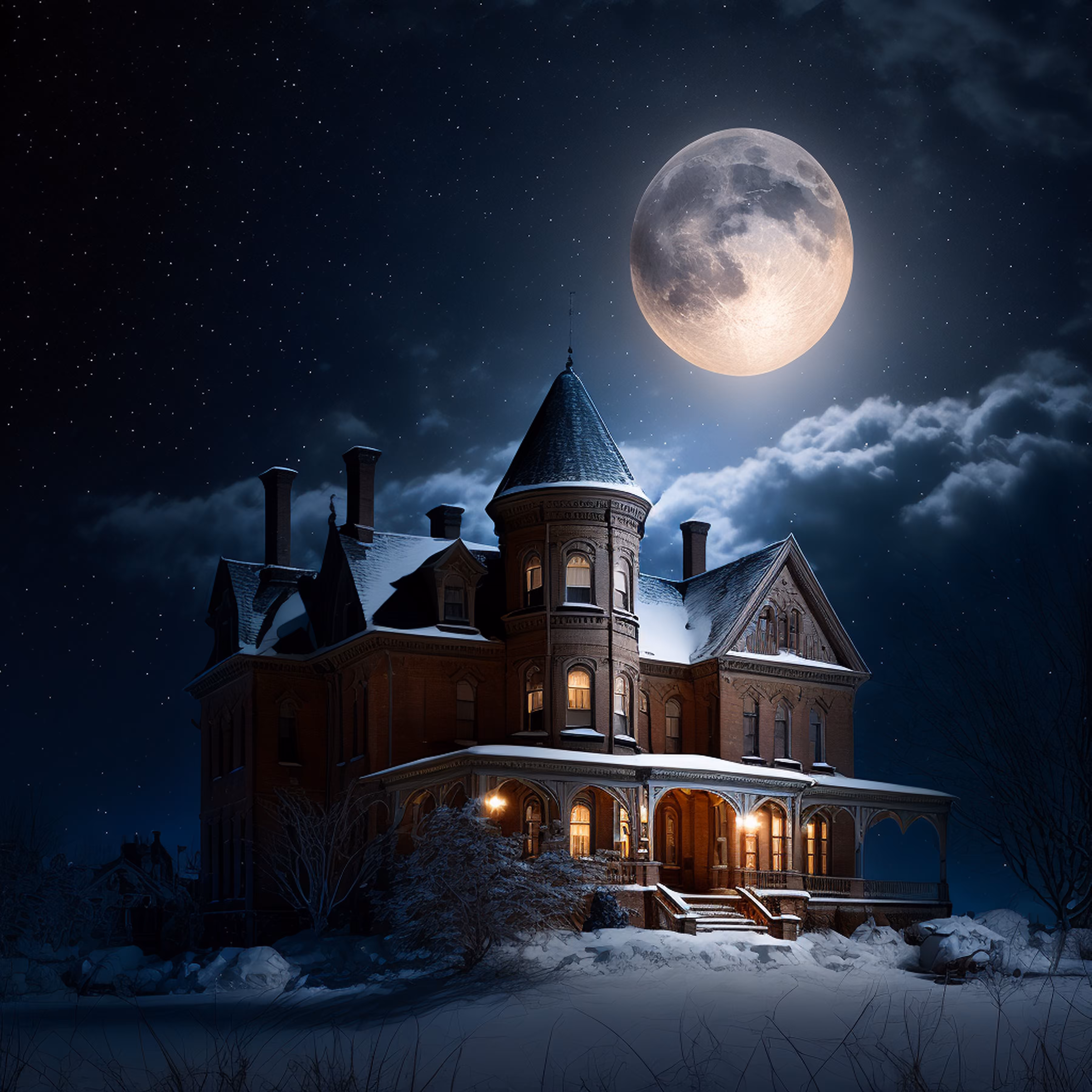 1/1 Full Moon Snowy Winter Mansion NFT Image by Sollog Adoni