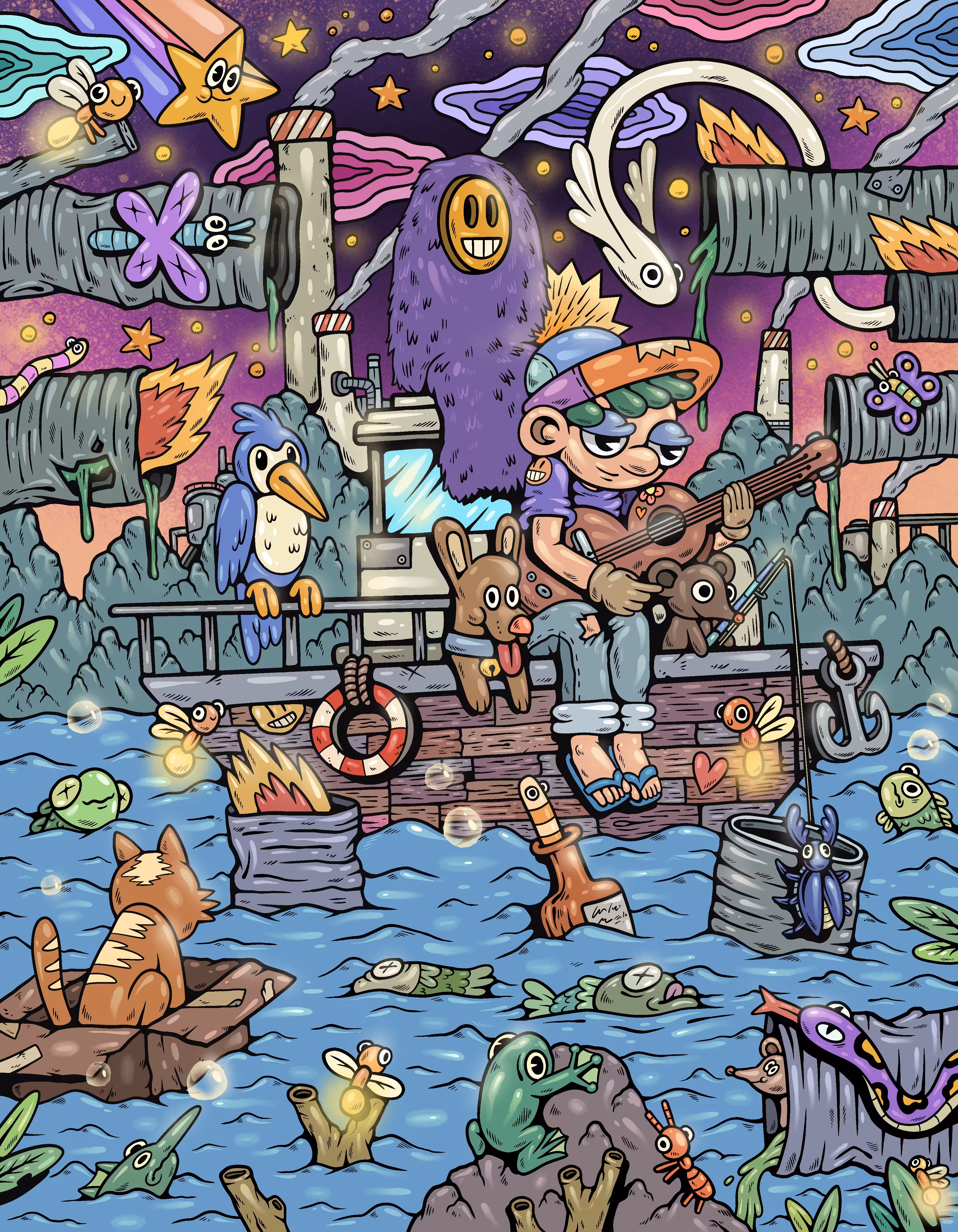 I was playing guitar on a boat, watching the sea water change.