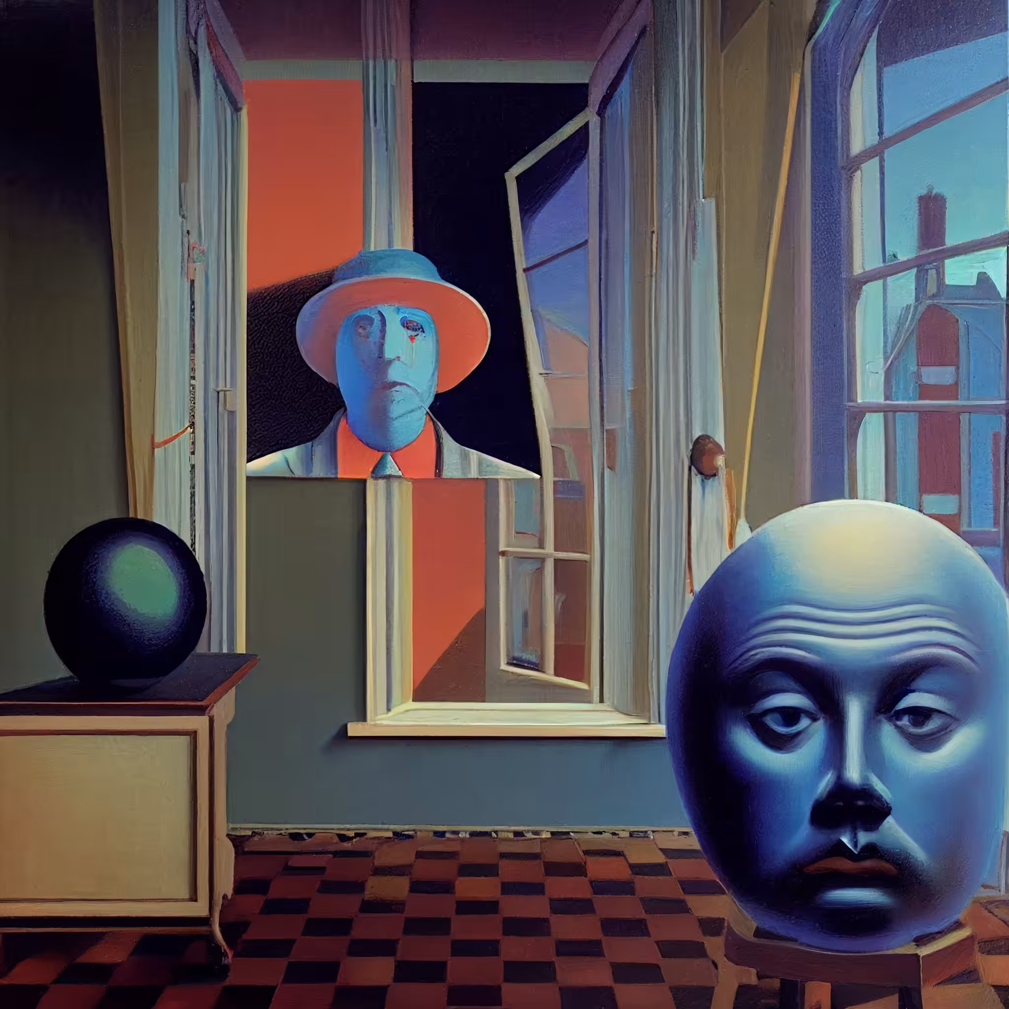 Still life of a black orb on a desk slightly to the left