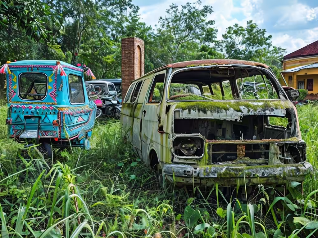 Abandoned Vehicles Surrounded By Lush Greenery And Decay
