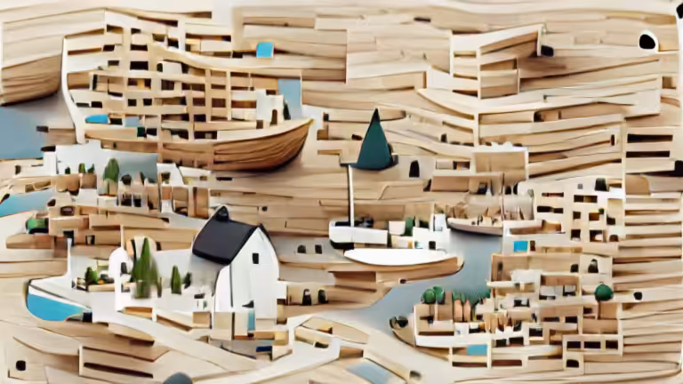 Minimal Wooden Scandinavian City Surrounded by the Sea (pixray_genesis)