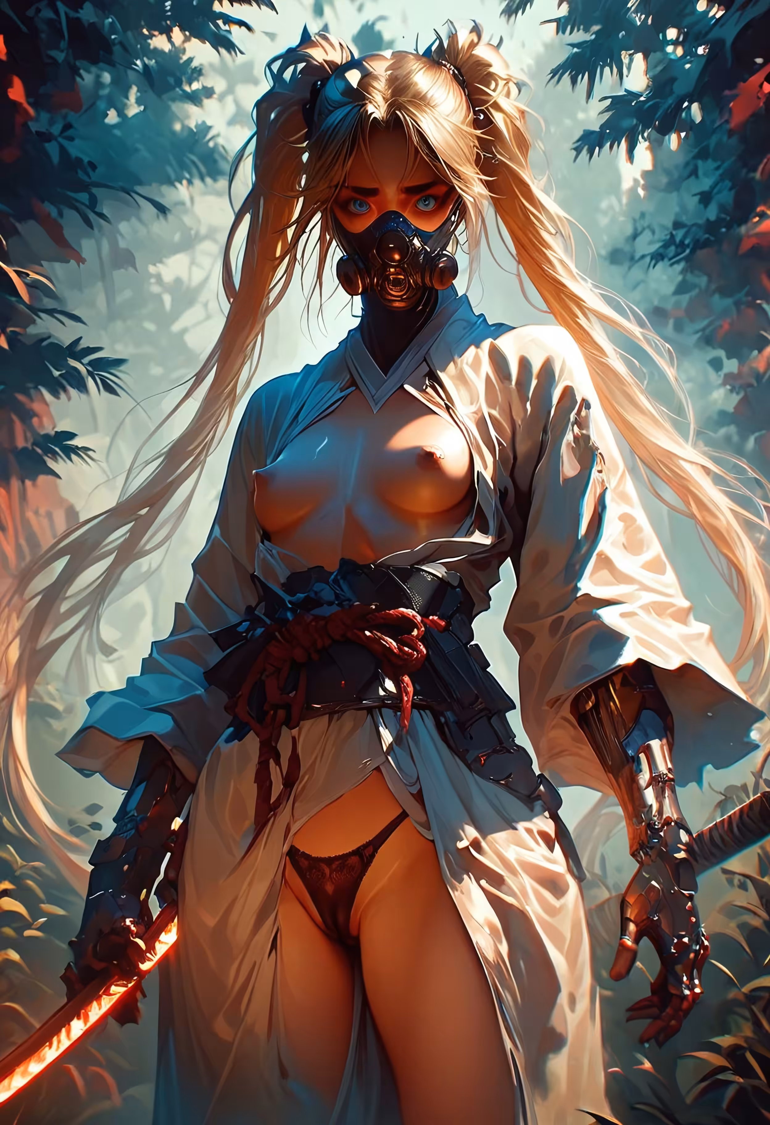 "A warrior in a gas mask: a fight in the forest."