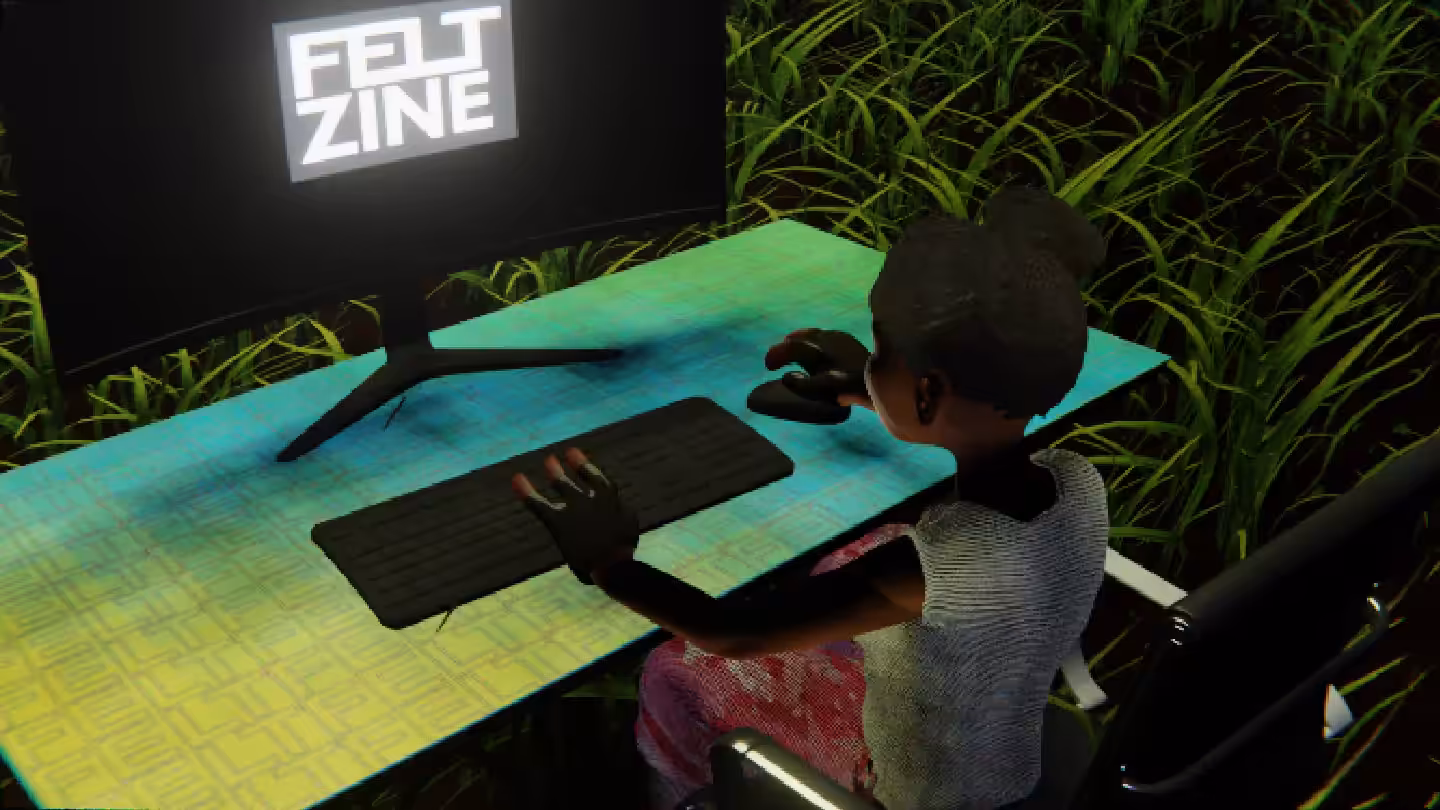 Desktop #310: The Military Brat in the Black Slim Chair With a Hanging Light and a Old School Monitor on a Green FELT Zine Table in The Forest