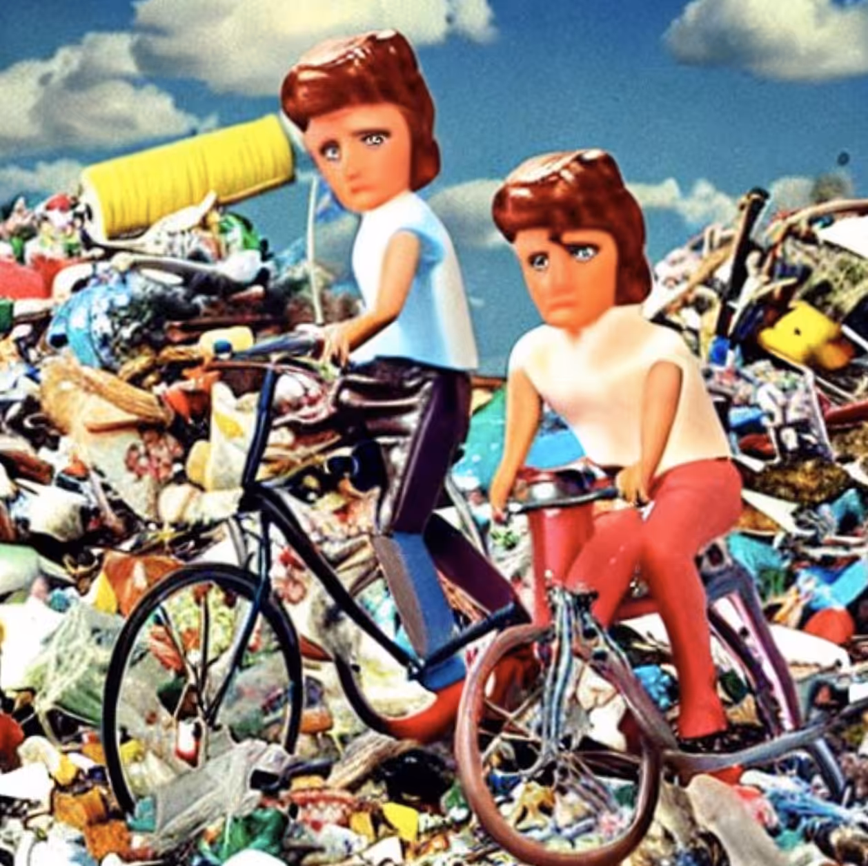Twin Ken Dolls on Bikes Along Trash