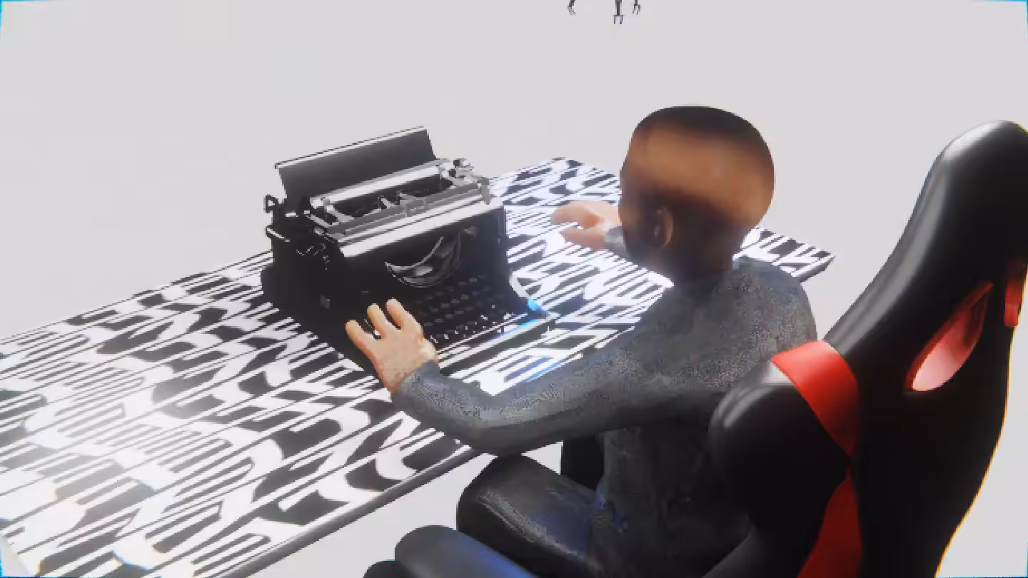 Desktop #61: The Business in the Gaming Chair With a Drone and a Typewriter on a Pattern Table in The Void