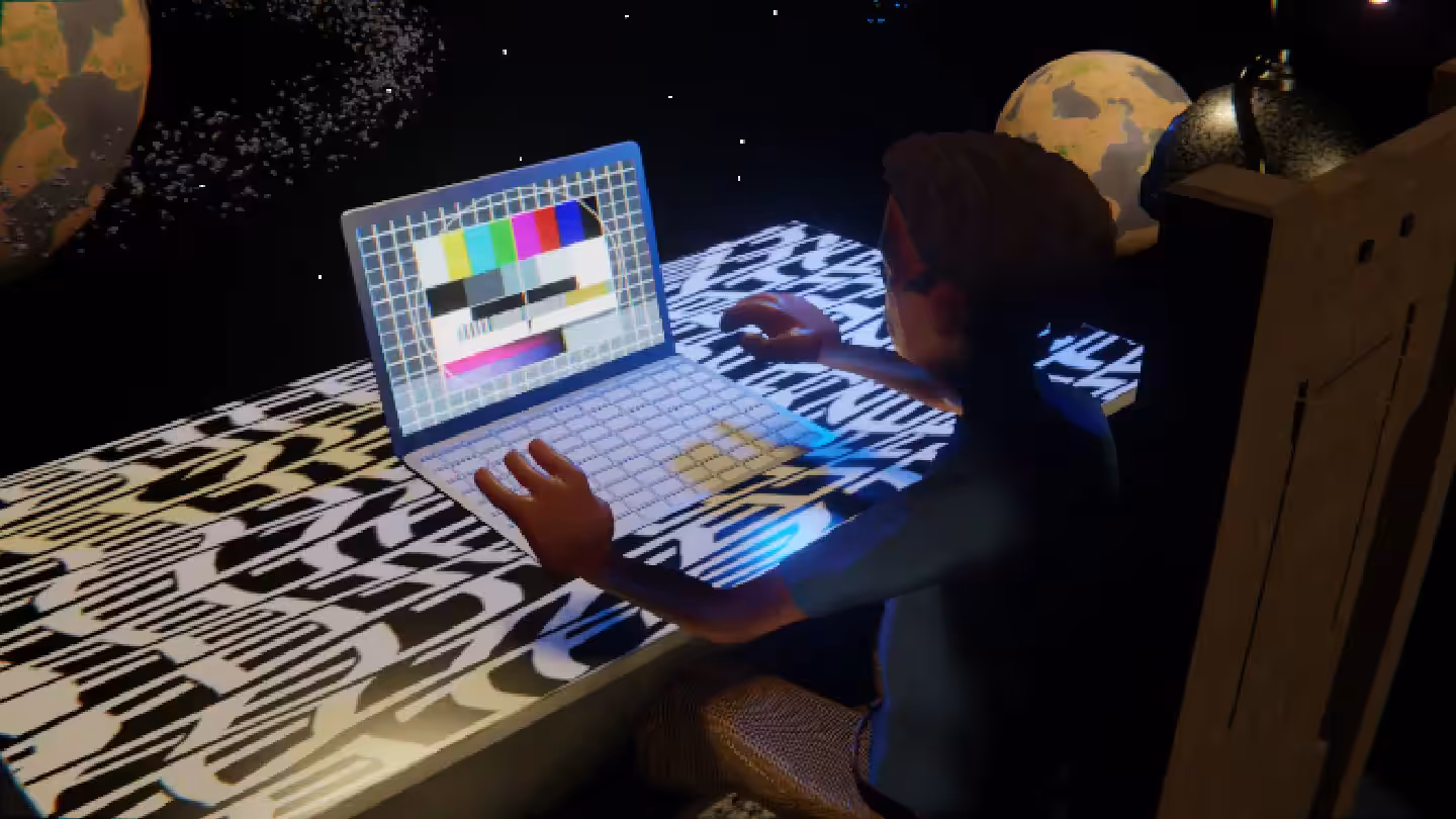 Desktop #251: The Developer in the Electric Chair With a Drone and a Please Stand By Monitor on a Pattern Table in Space