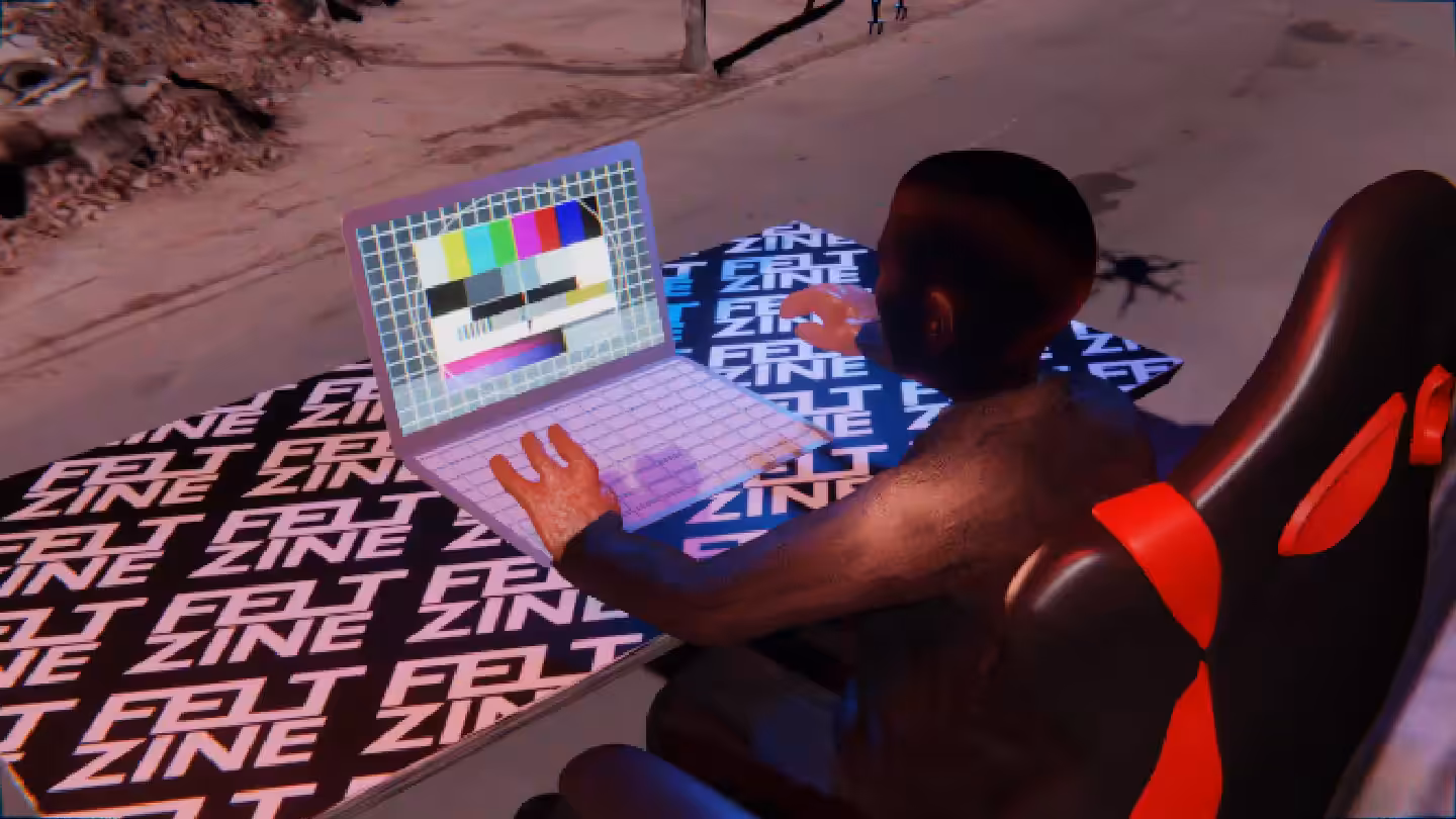 Desktop #73: The Business in the Gaming Chair With a Drone and a Please Stand By Monitor on a Felt Zine Table in Conflict
