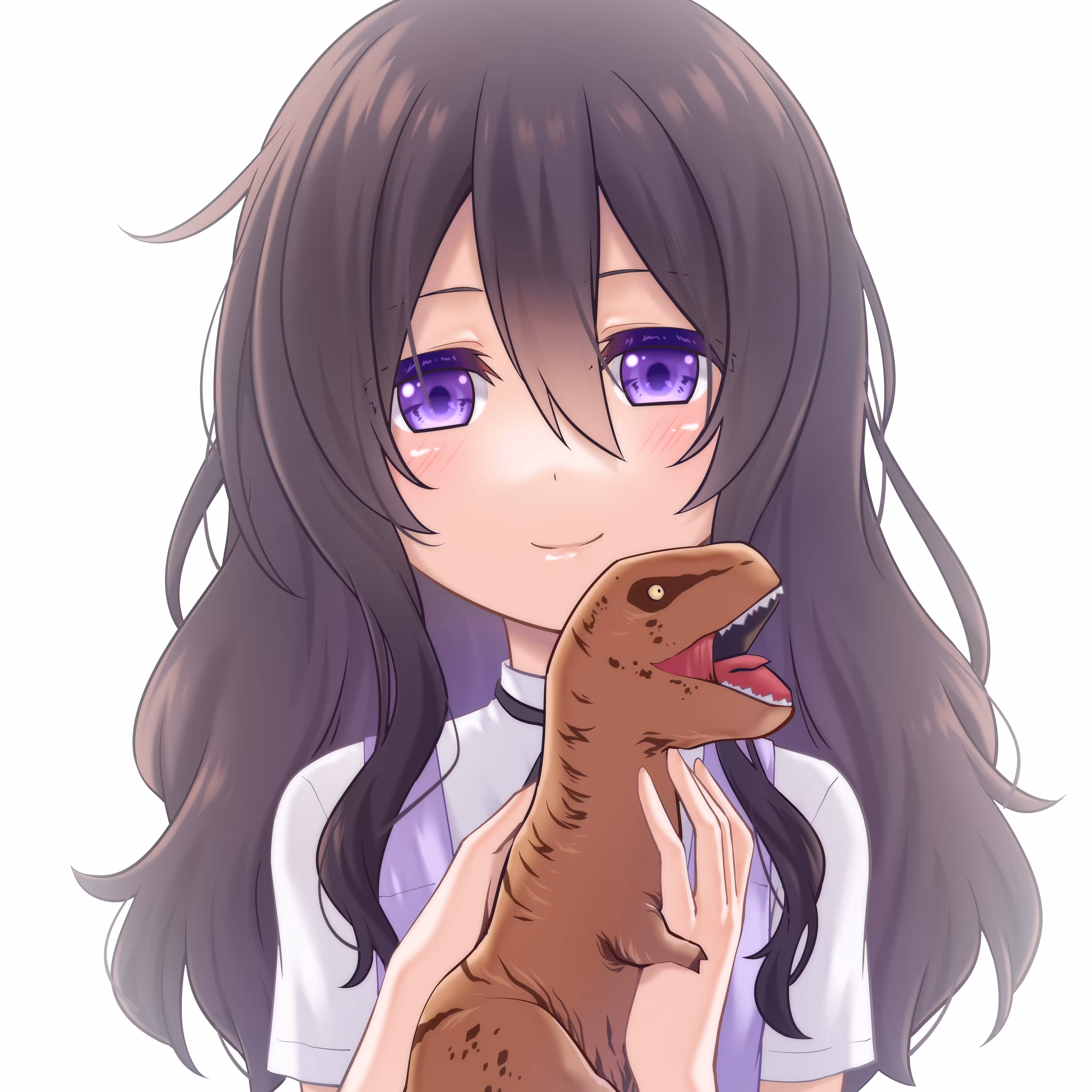 A girl with a T-Rex doll