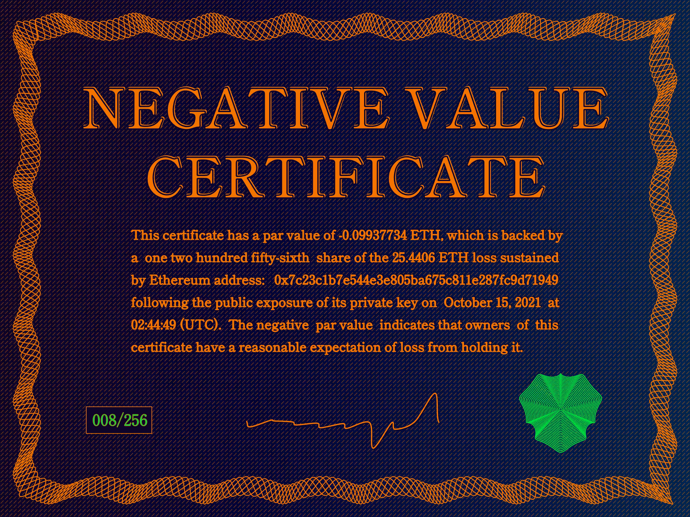 Negative Value Certificate #8 of 256