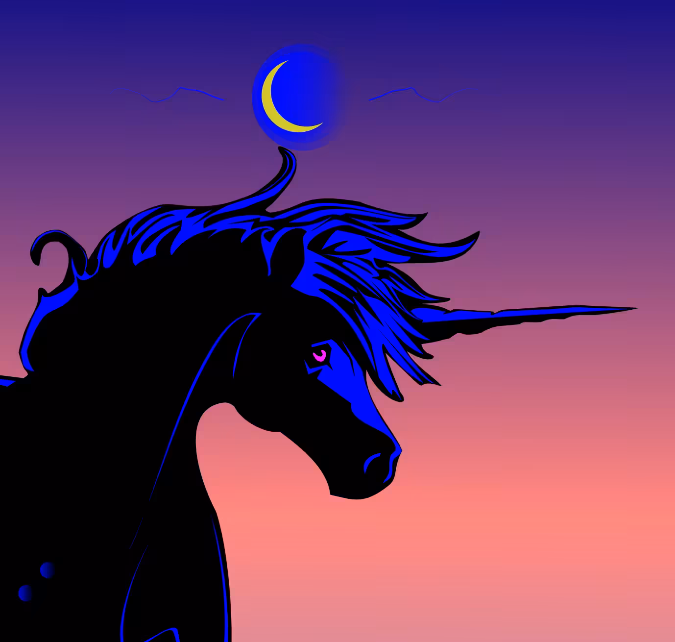 Brilliant Blue Cosmic Unicorn with Yellow Moon Sliver