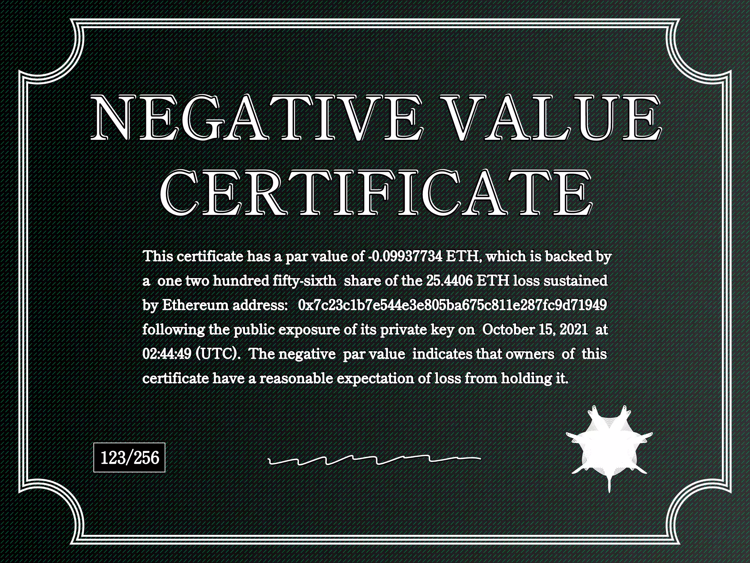 Negative Value Certificate #123 of 256