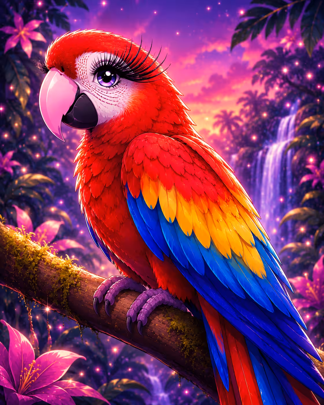 Eyelash Enchantress: Scarlet Macaw of the Twilight Falls