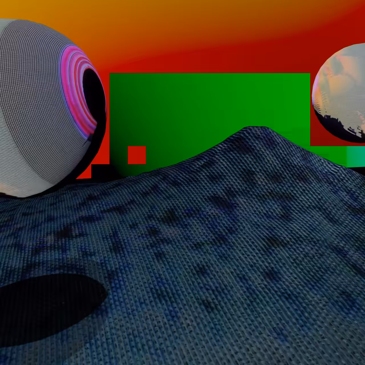 Two Cinematic Orbs Dancing over Mountain and Under Accidental Pixels