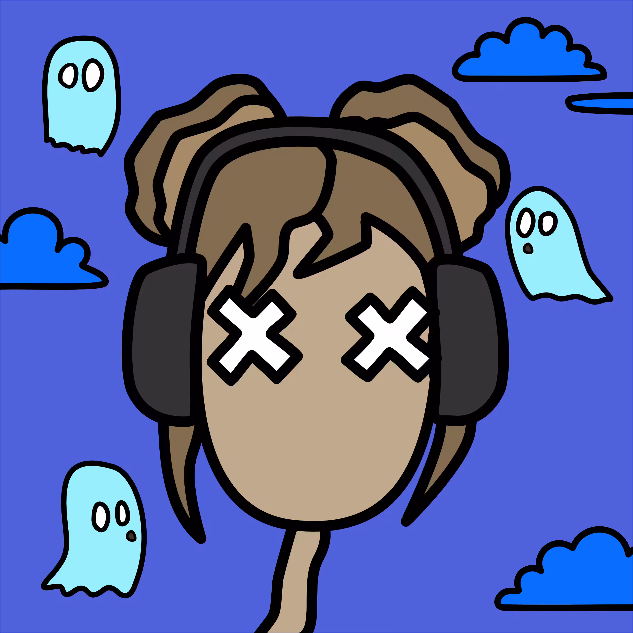 Girl and ghosts in clouds