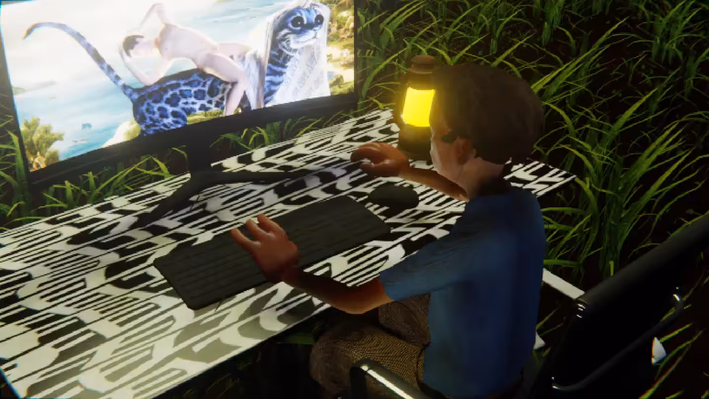 Desktop #222: The Developer in the Black Slim Chair With a Gas Lamp and a Kitty Monitor on a Pattern Table in The Forest