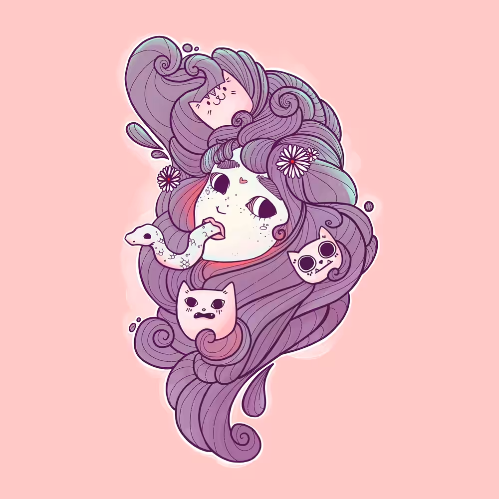 Girl Head With Flowing Hair, Cats, And Snake