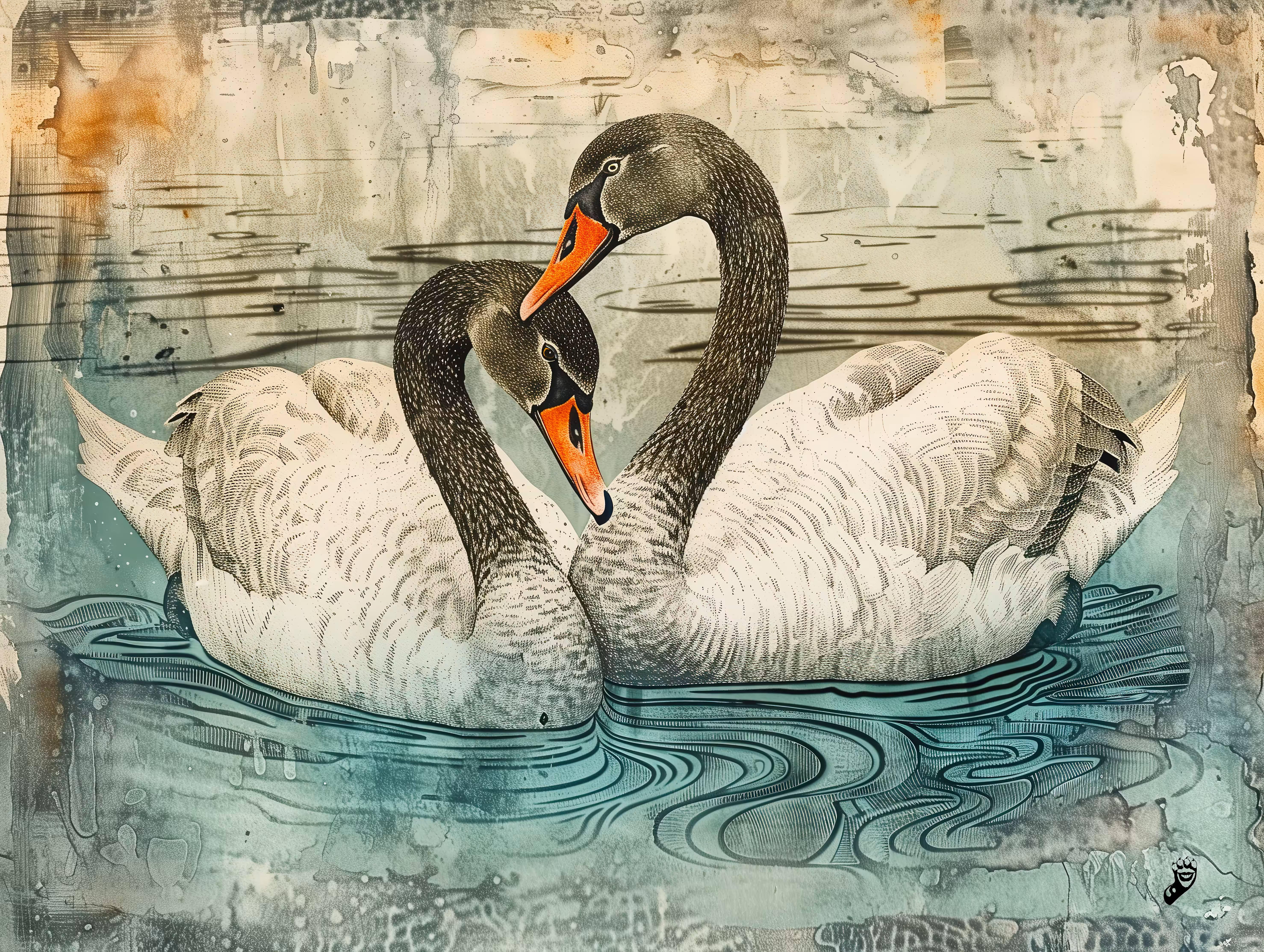 My One And Only: Swans Nuzzle - AI Art Print