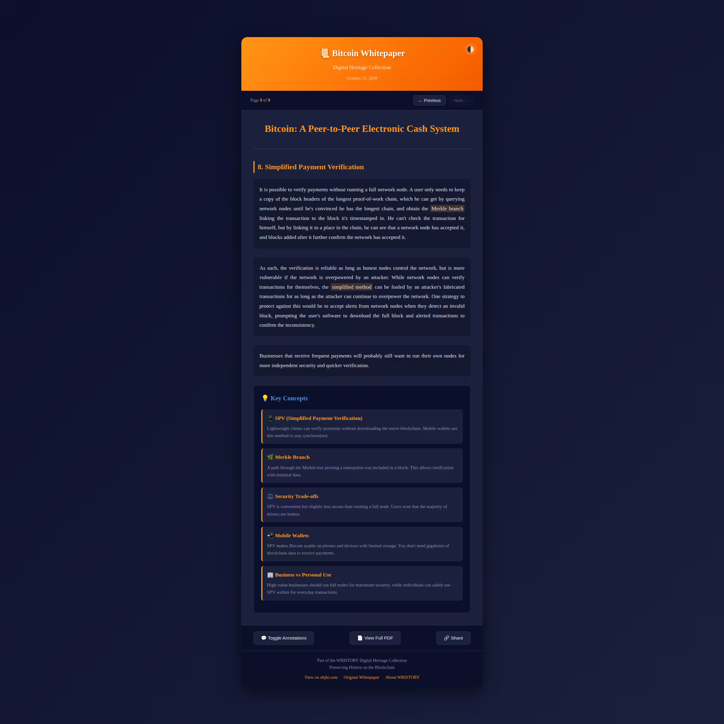 Bitcoin Whitepaper: Simplified Payment Verification (Page 9/9)