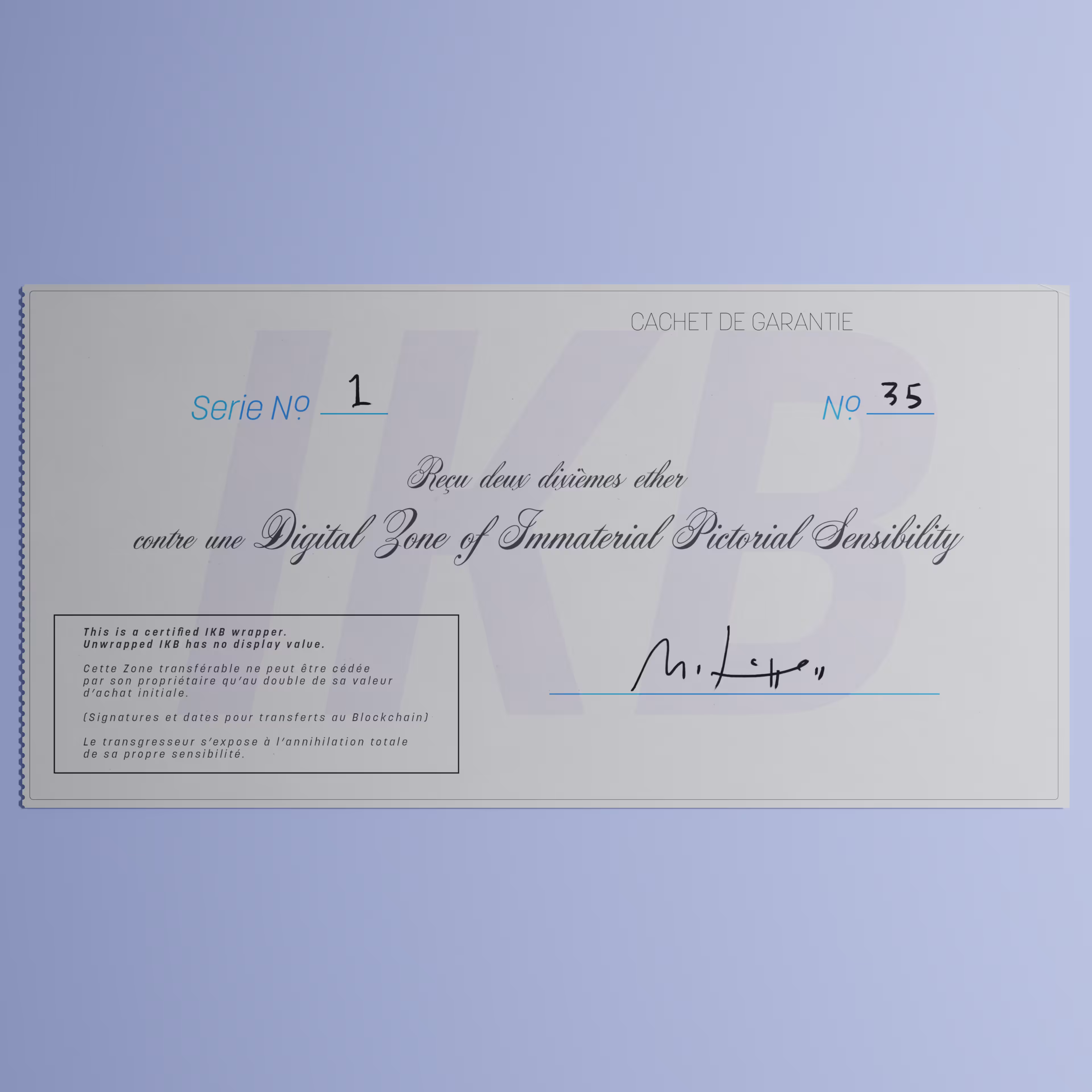 Digital Zone of Immaterial Pictorial Sensibility, Series 1, Edition 35. (Wrapped)