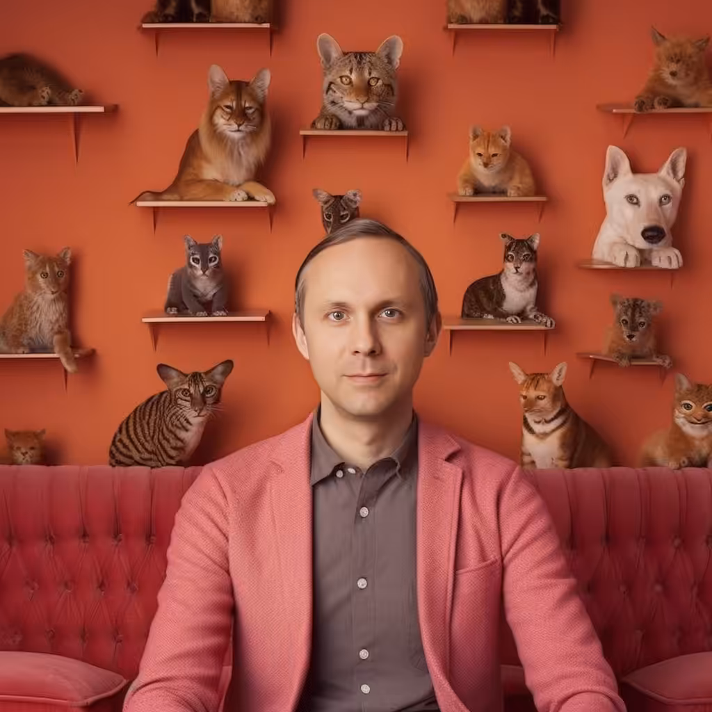 Man who likes cats, dogs, and art sits down for an interview.