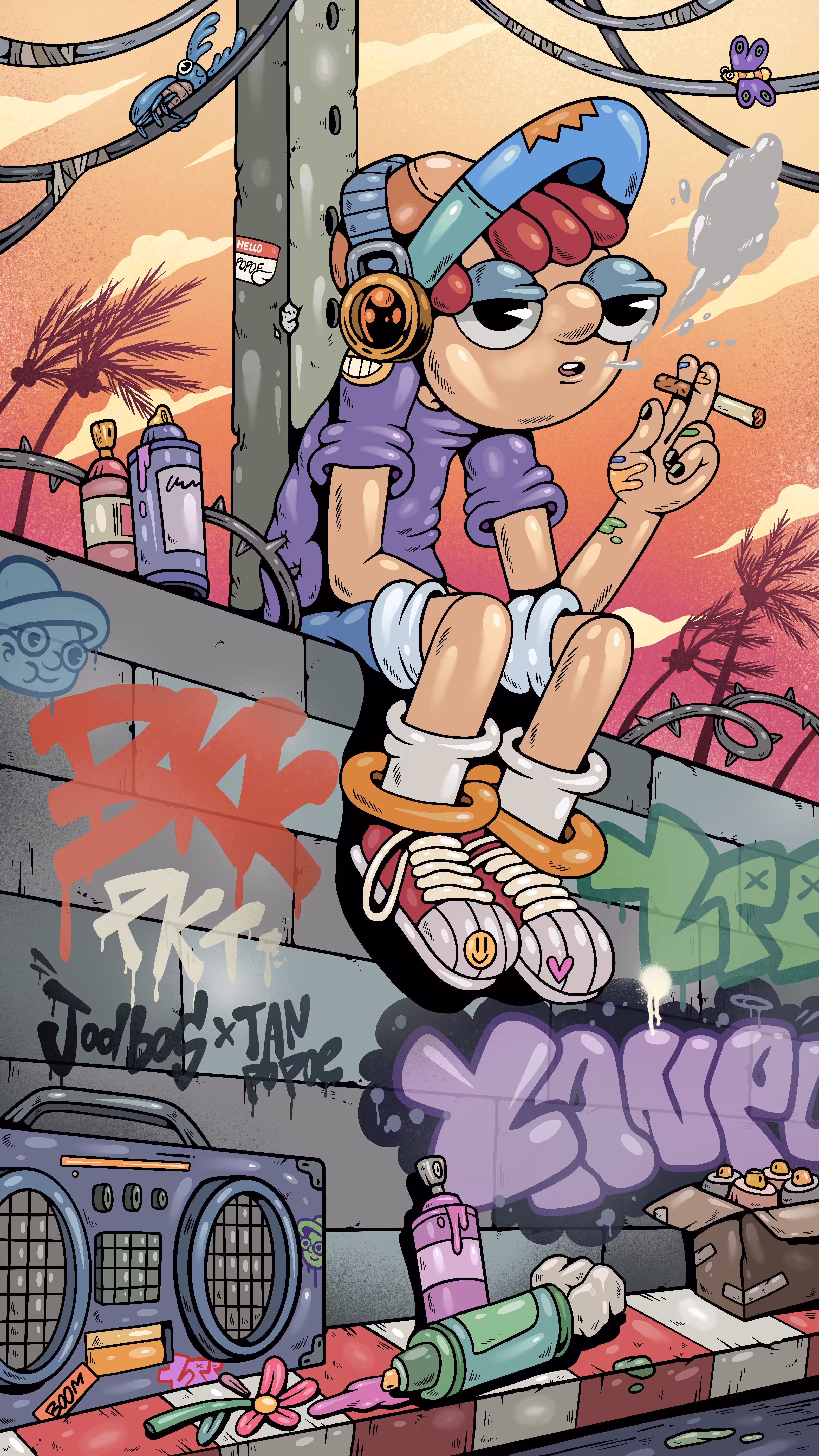 Relaxing after finishing spraying the wall.