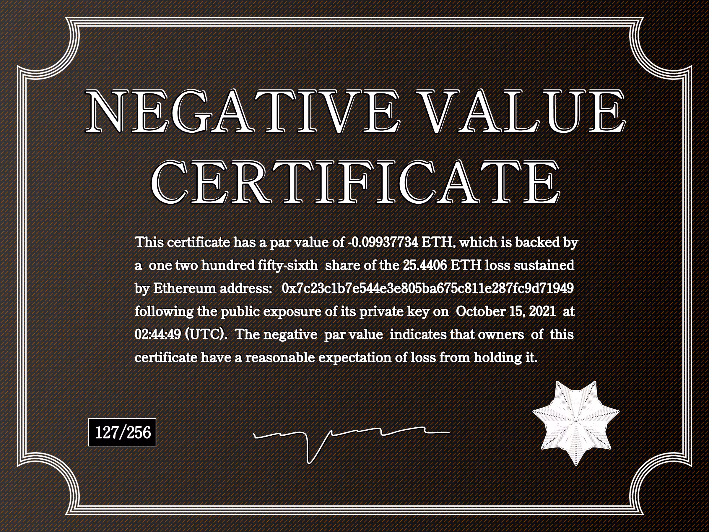 Negative Value Certificate #127 of 256