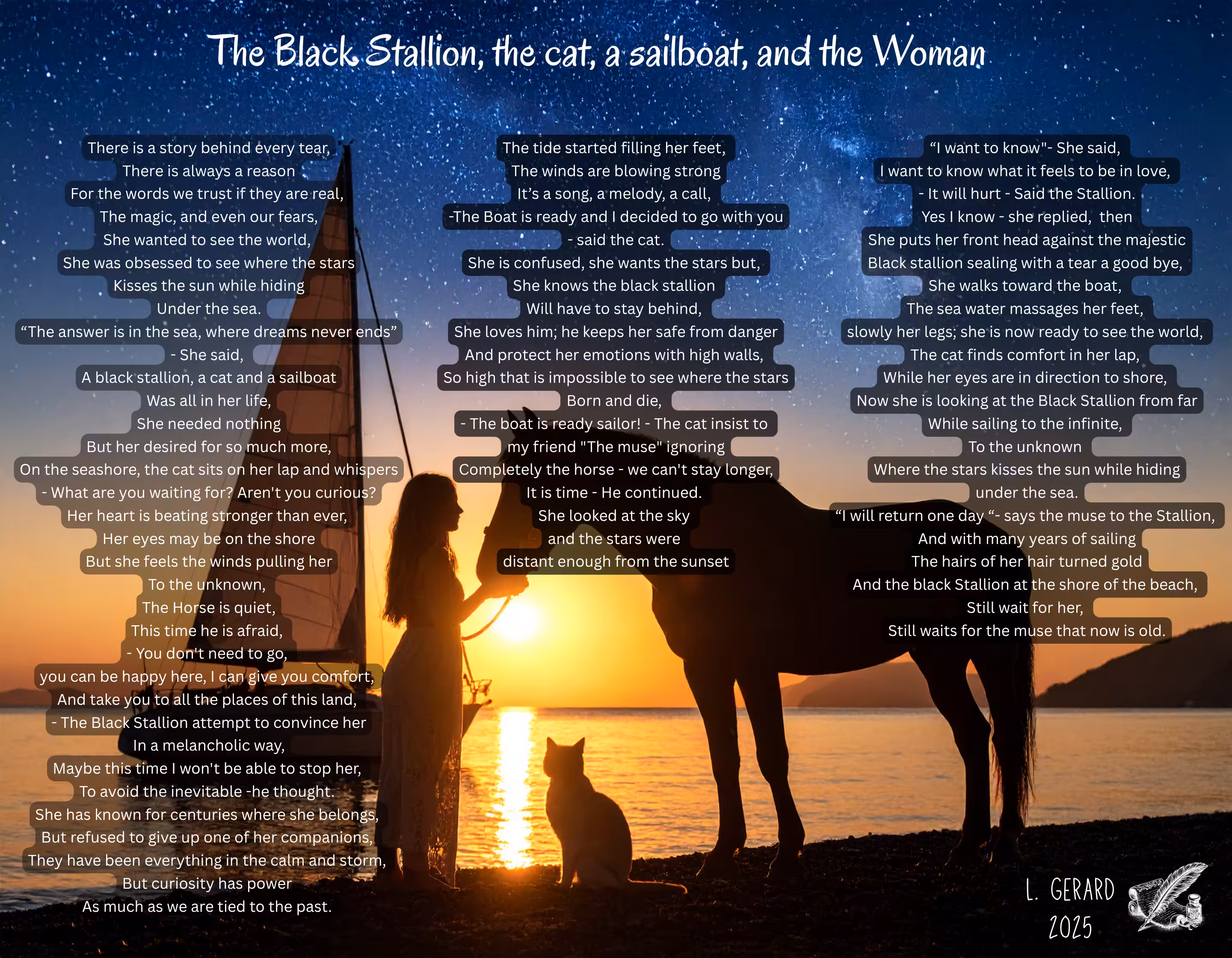 The Black Stallion, the cat, a sailboat, and the Woman
