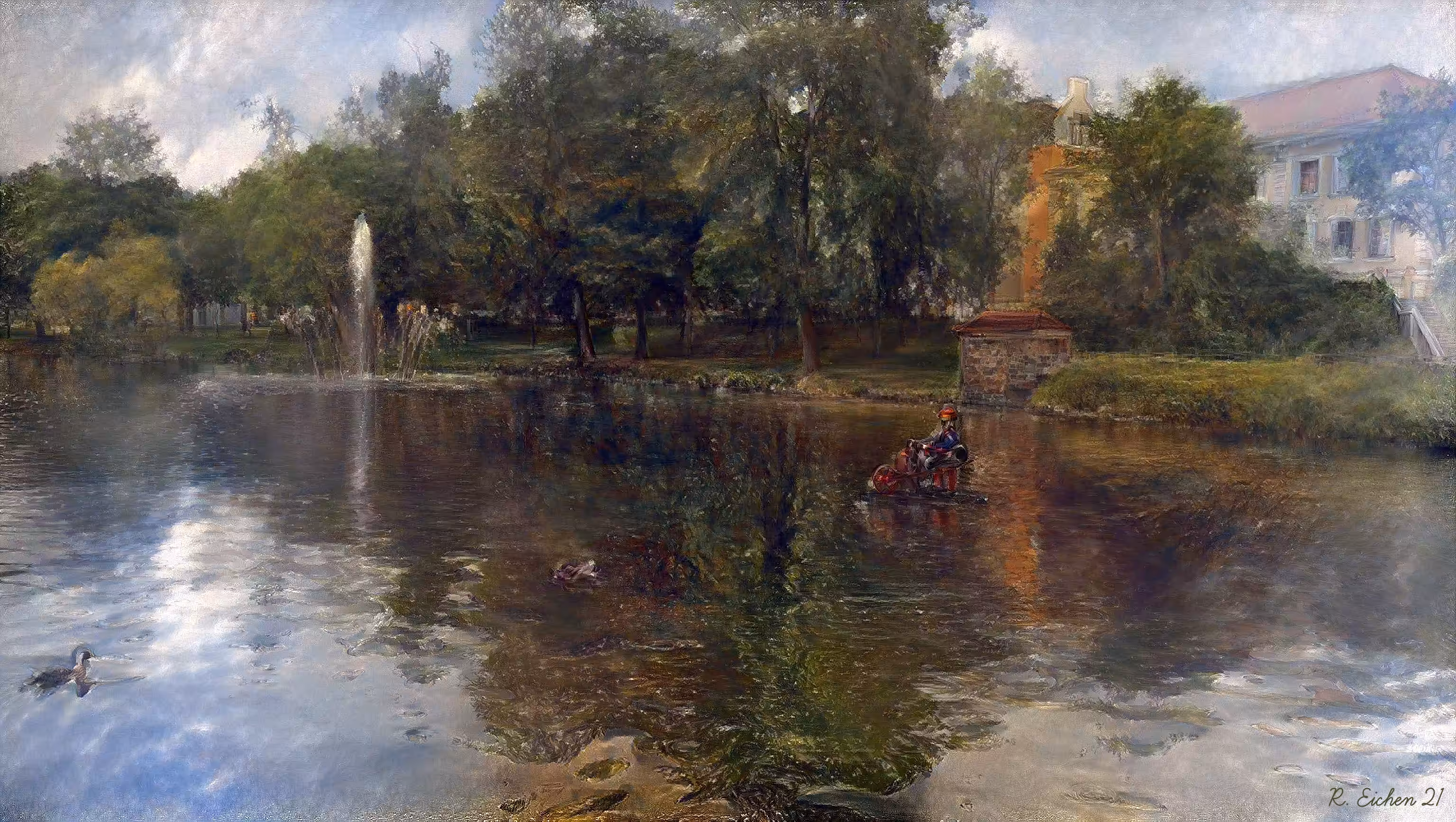 Duck pond with fountain