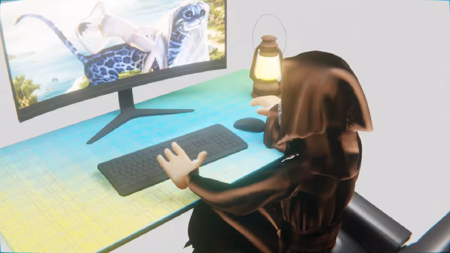 Desktop #75: The Guru in the Eames Chair With a Gas Lamp and a Kitty Monitor on a Green FELT Zine Table in The Void
