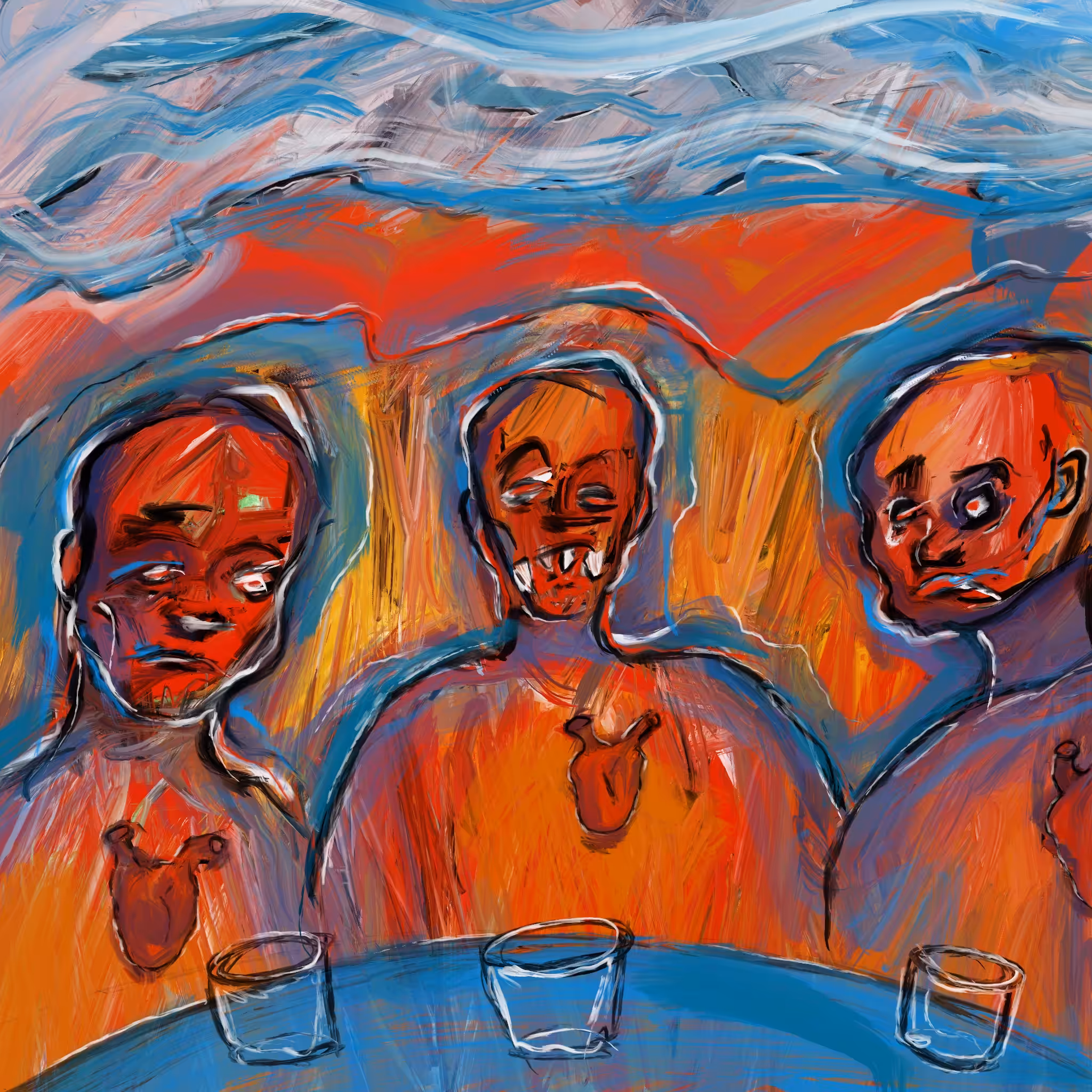 Three Ghosts Drinking Under Calm Skies