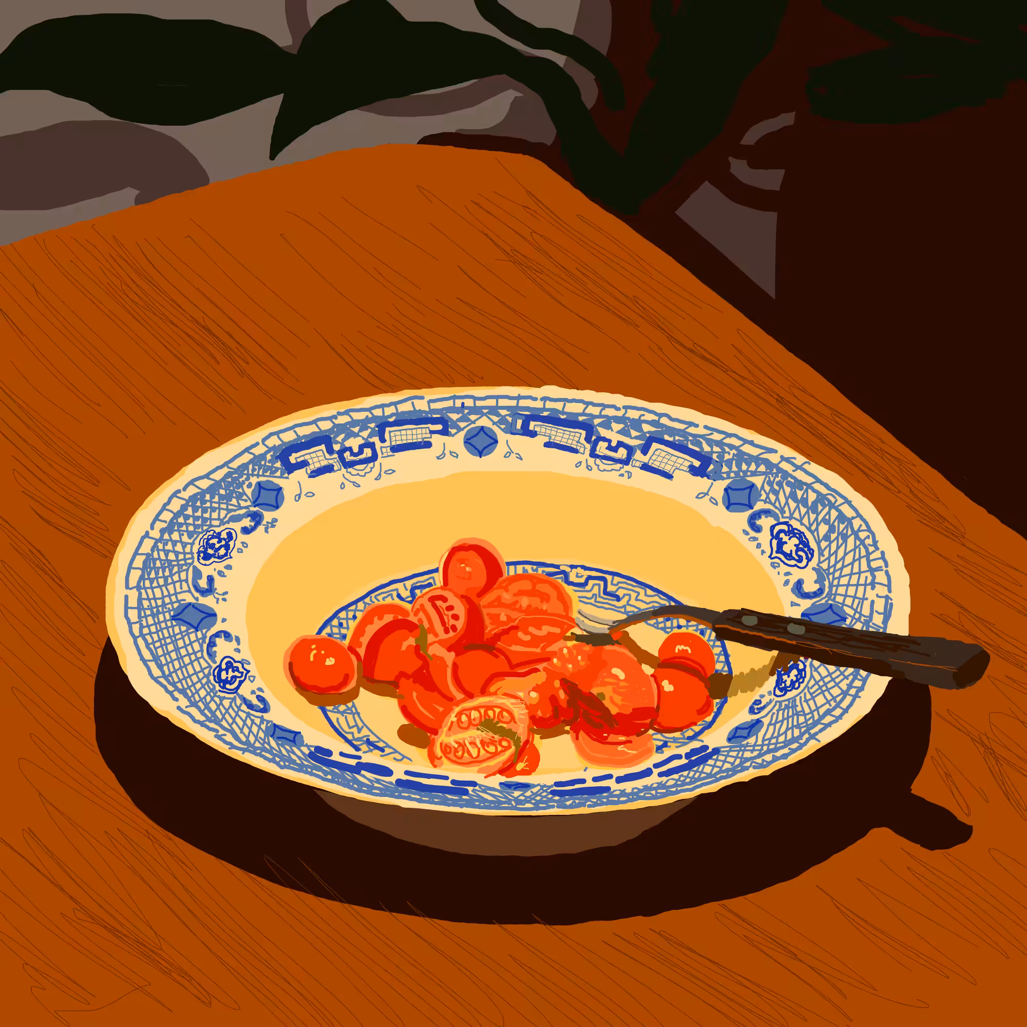 Leftover tomato salad on my favorite Blue Willow plate