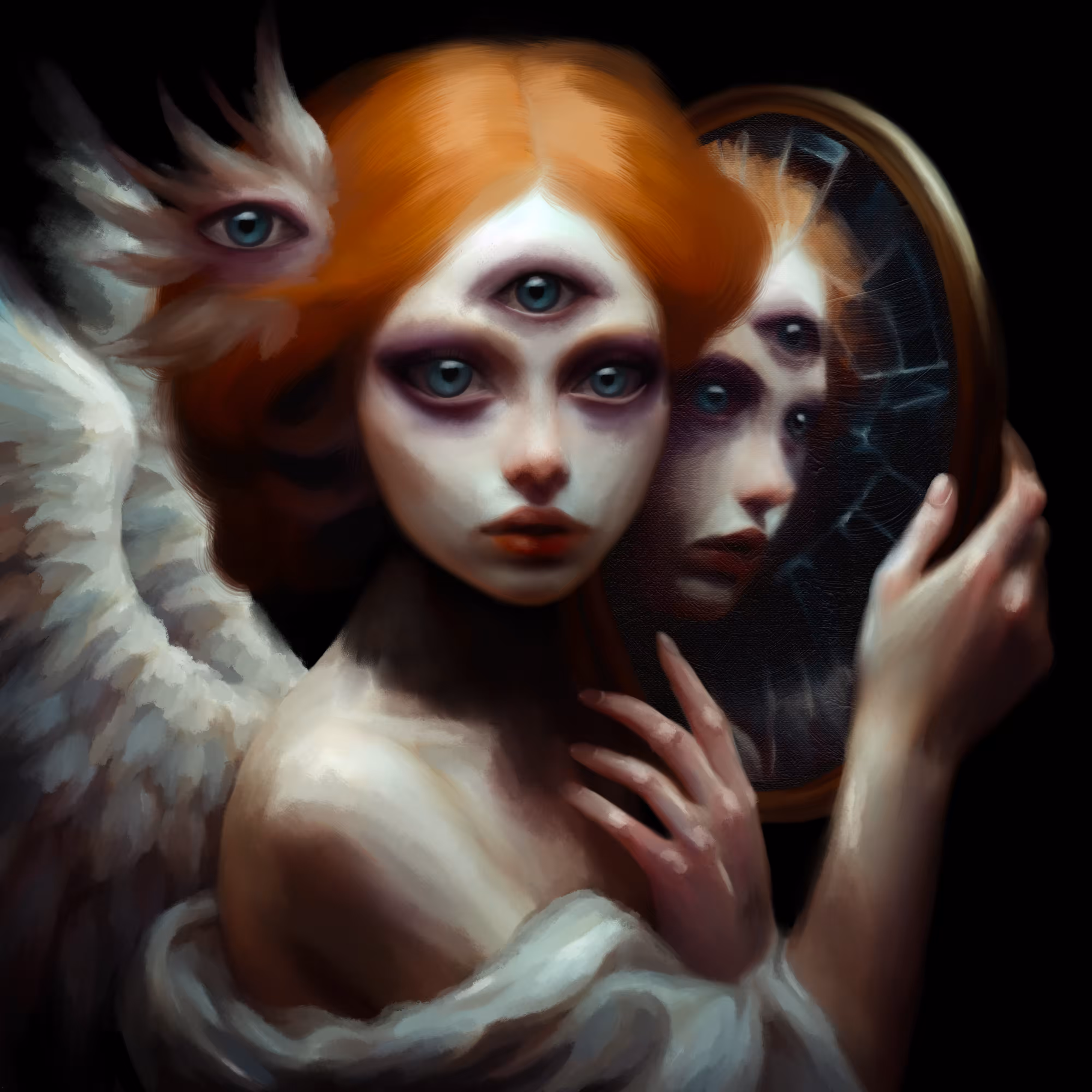 broken angel holding a broken mirror