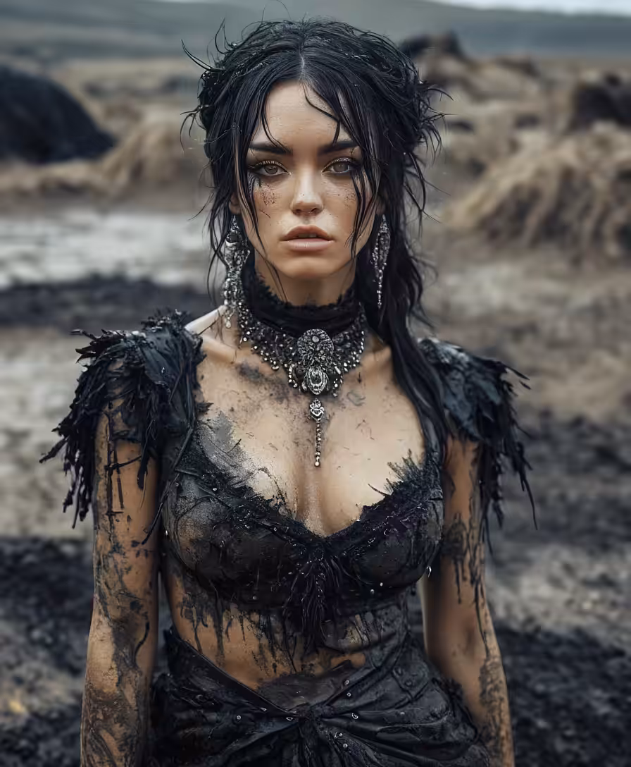 Art in the Age of AI: Wasteland Beauty: Raven-Haired Portrait