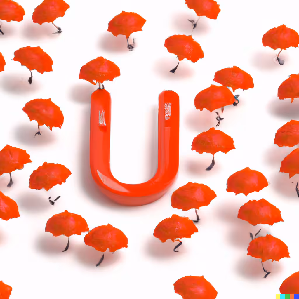 Letter U surrounded with Red Umbrellas