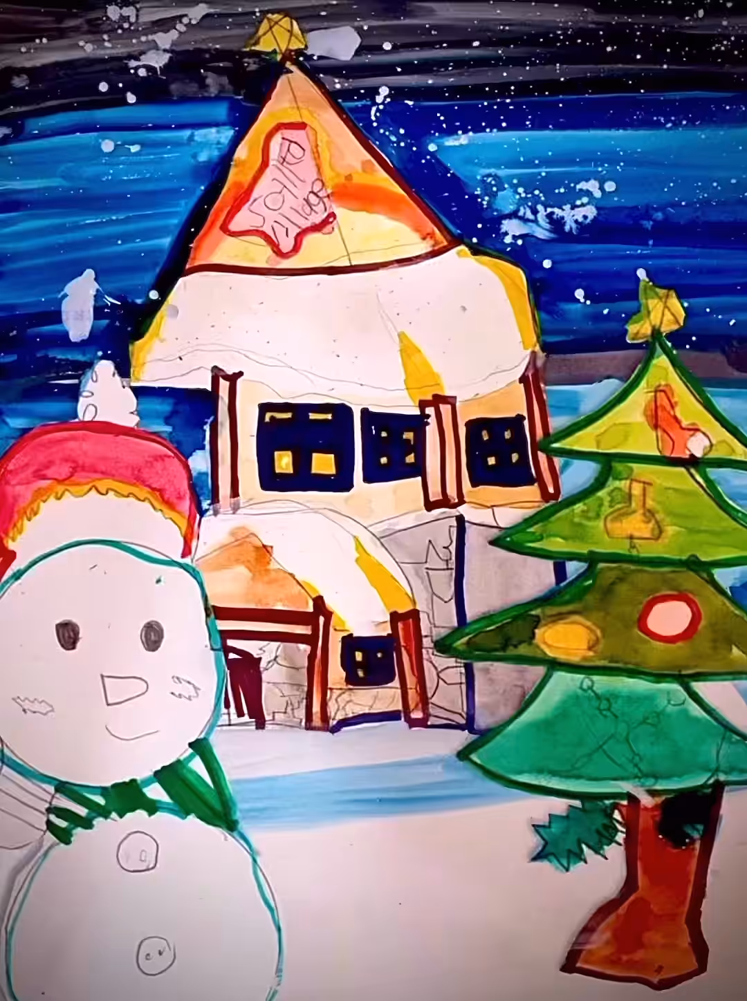 A snowy town and a snowman