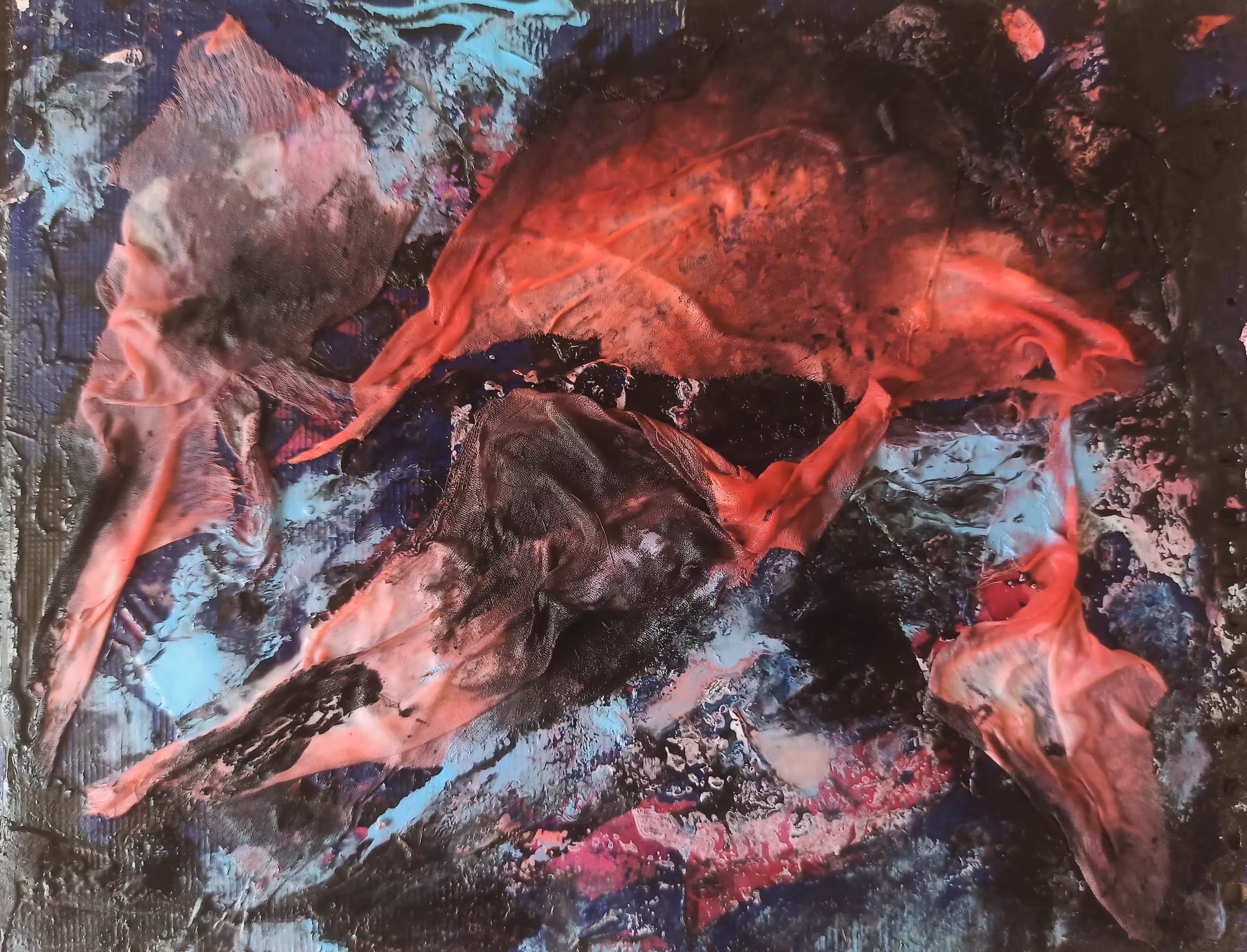 Mystic XV: Discarded Chiffon, Discarded Cardboard, Discarded Paper, Glue, Acrylic paint, Red Pigment