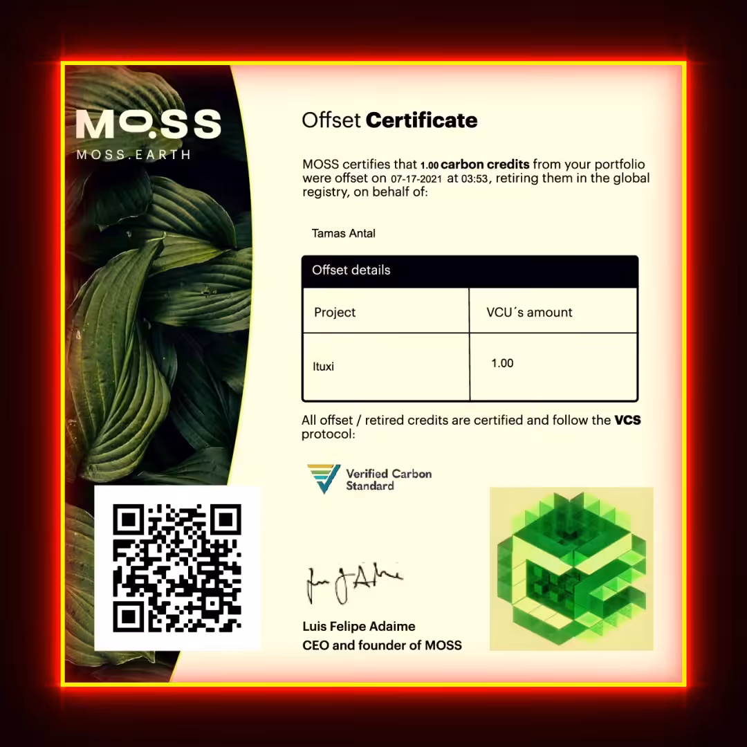 Offset Certificate - Carbon Credit NFT 🧶=Clean🌱