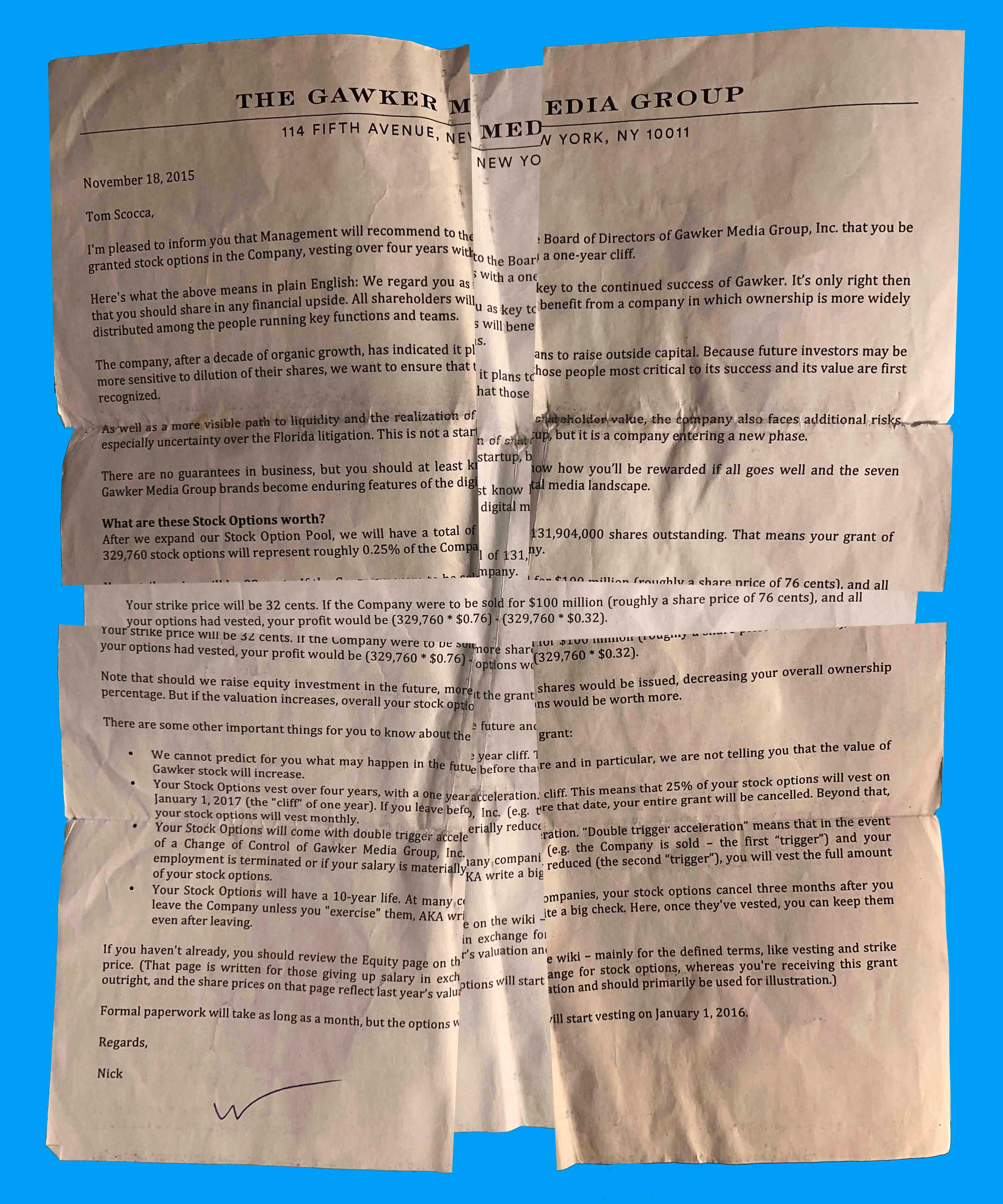 Item No. 1: Letter from Nick Denton to Tom Scocca